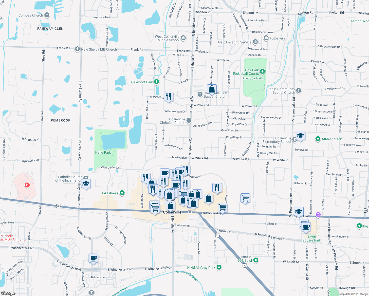 map of restaurants, bars, coffee shops, grocery stores, and more near 578 Roxburgh Drive in Collierville