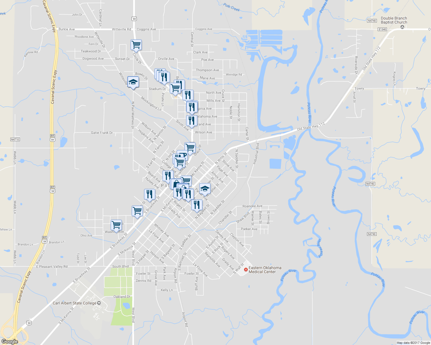 map of restaurants, bars, coffee shops, grocery stores, and more near 300-398 Amos Avenue in Poteau