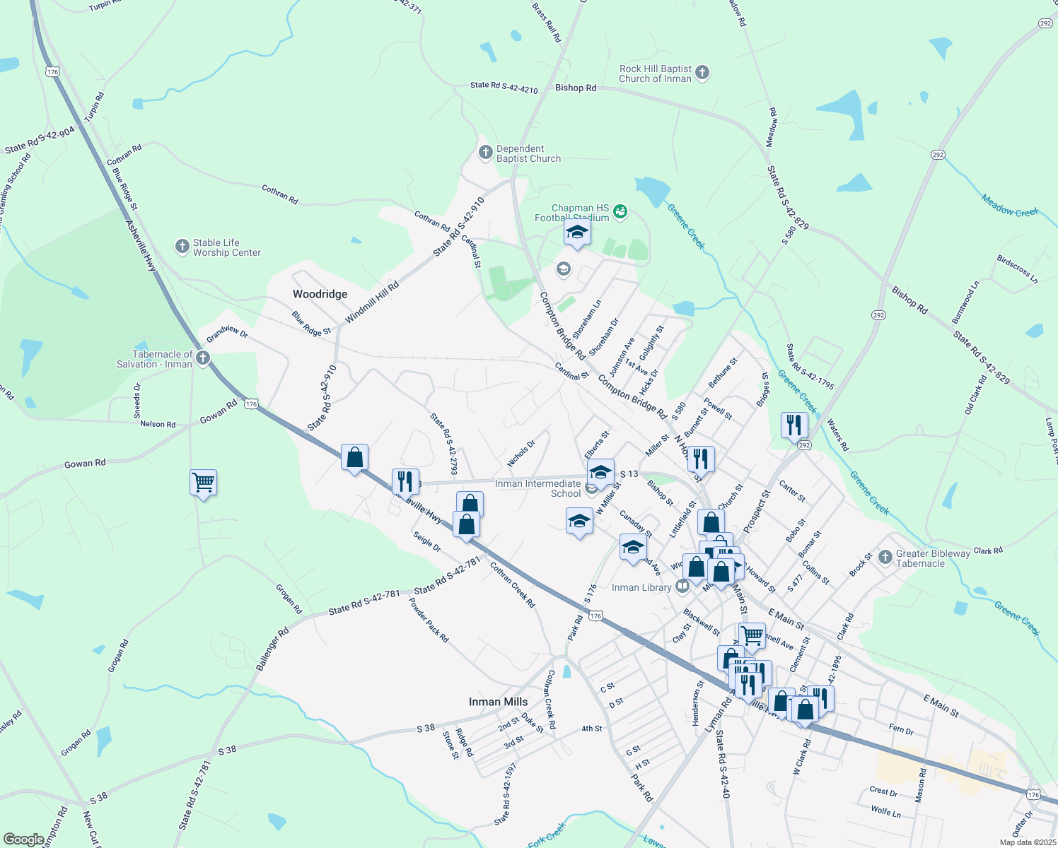 map of restaurants, bars, coffee shops, grocery stores, and more near 119 Beechwood Drive in Inman