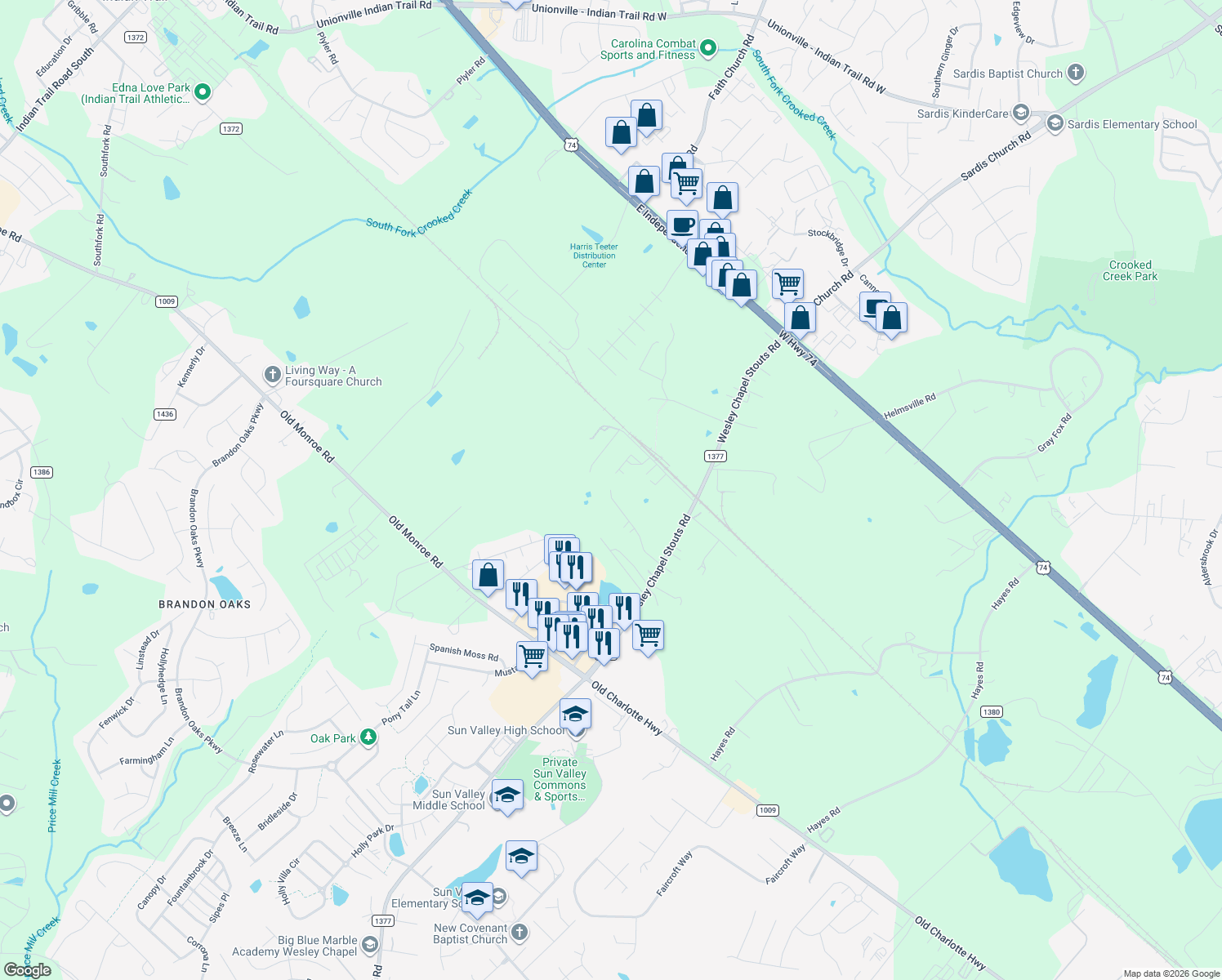 map of restaurants, bars, coffee shops, grocery stores, and more near 5499 Bethel Lane in Monroe