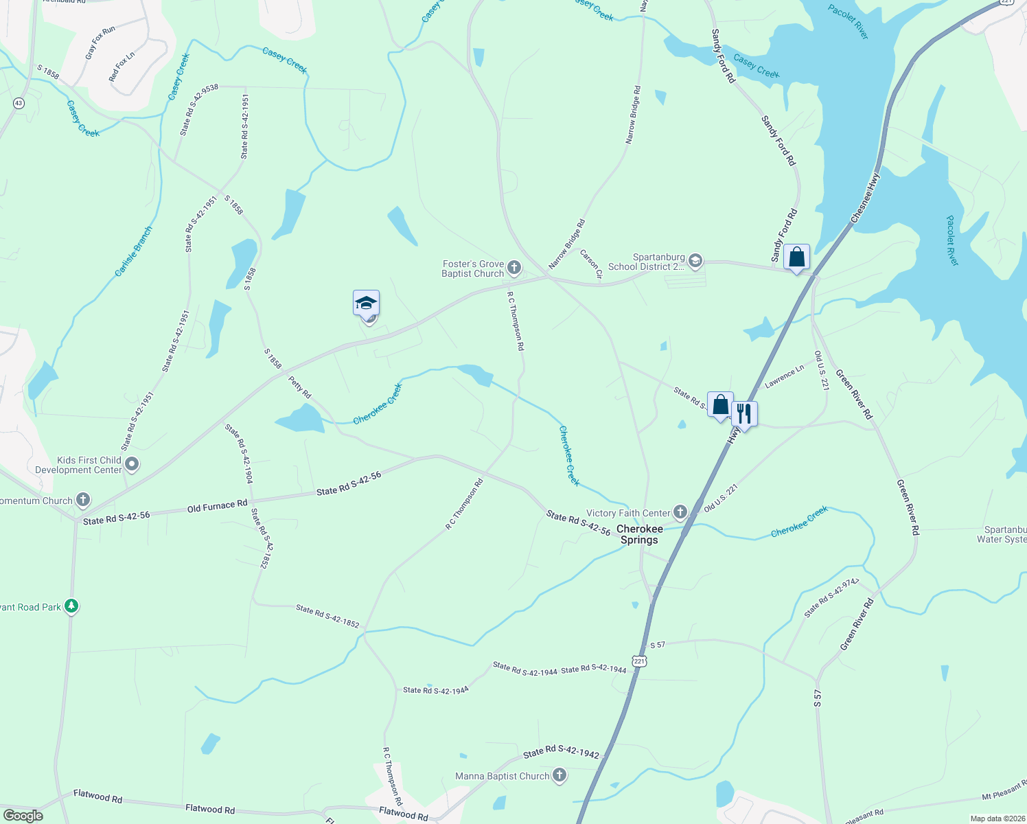 map of restaurants, bars, coffee shops, grocery stores, and more near 323 R C Thompson Road in Chesnee