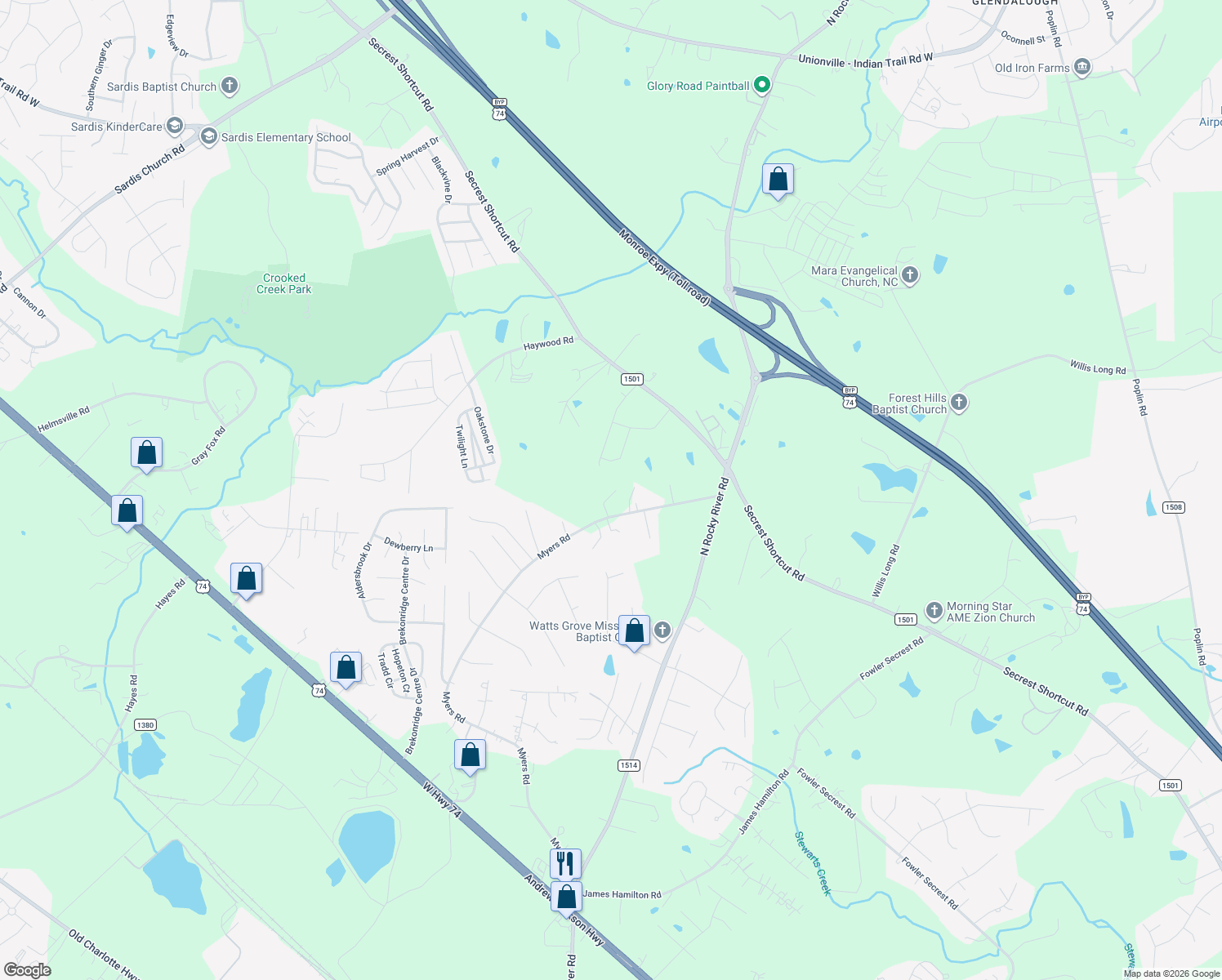 map of restaurants, bars, coffee shops, grocery stores, and more near 5007 Myers Road in Monroe