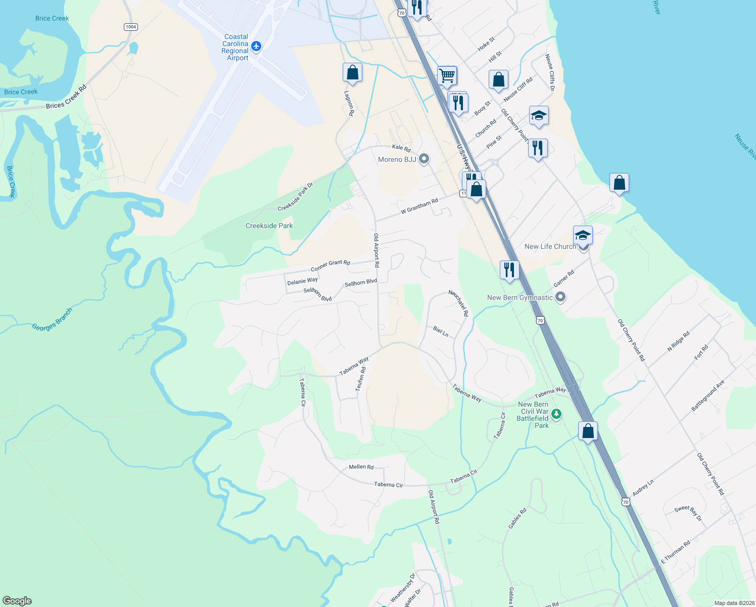 map of restaurants, bars, coffee shops, grocery stores, and more near 2115 Old Airport Rd in New Bern