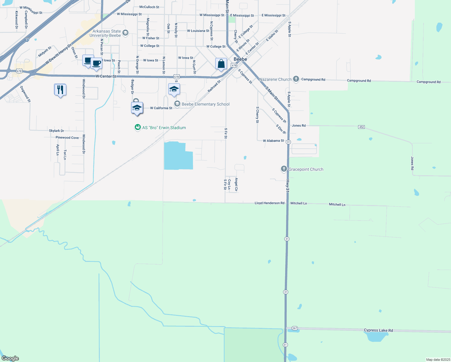 map of restaurants, bars, coffee shops, grocery stores, and more near 1206 South Fir Street in Beebe