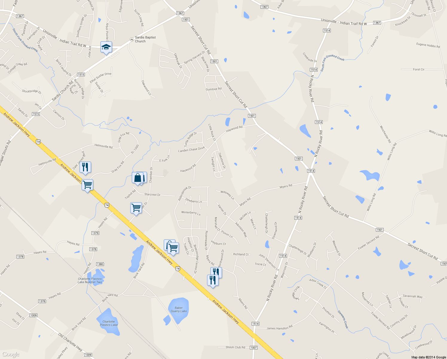 map of restaurants, bars, coffee shops, grocery stores, and more near 3028 Twilight Lane in Monroe