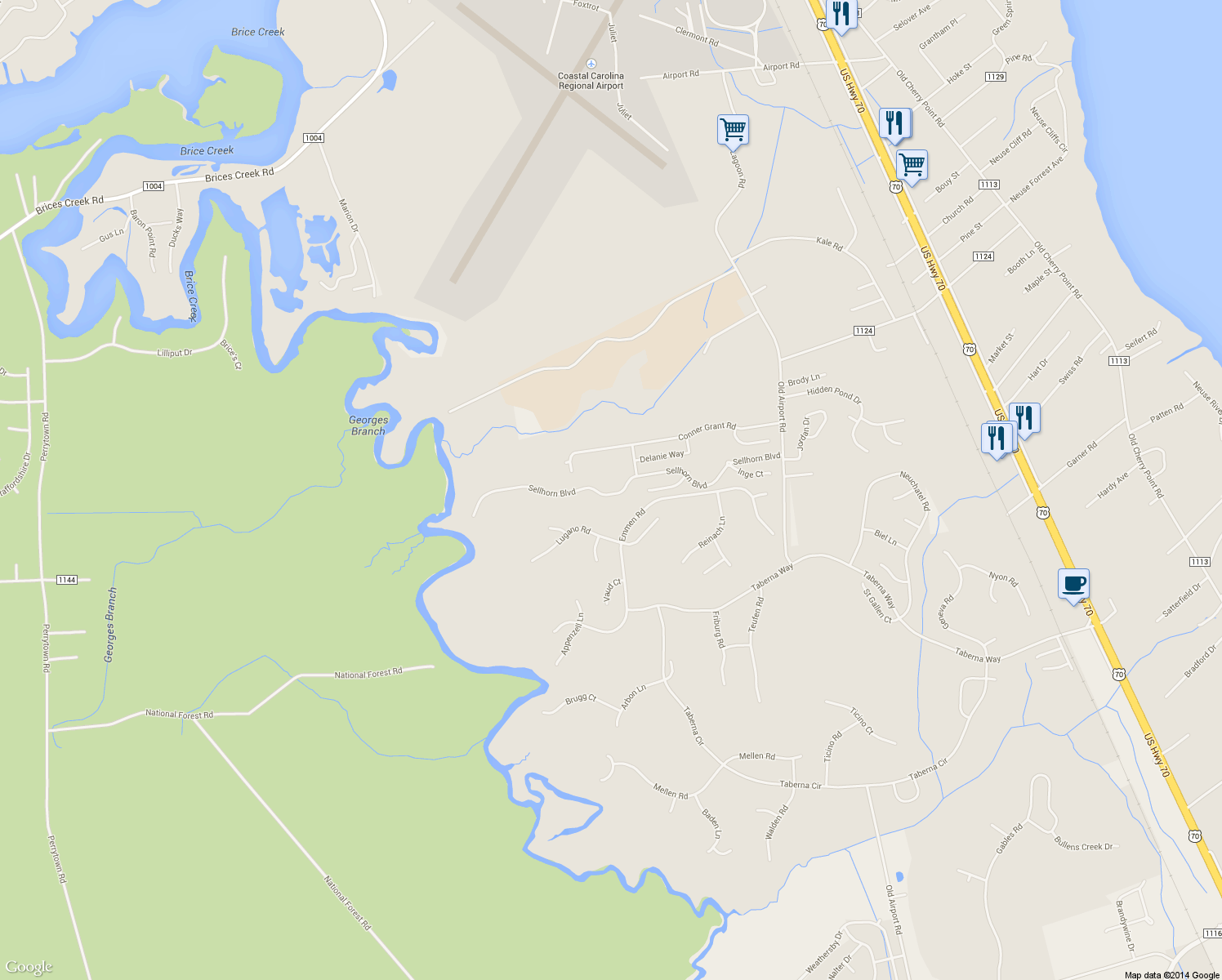 map of restaurants, bars, coffee shops, grocery stores, and more near 244 Sellhorn Blvd in New Bern