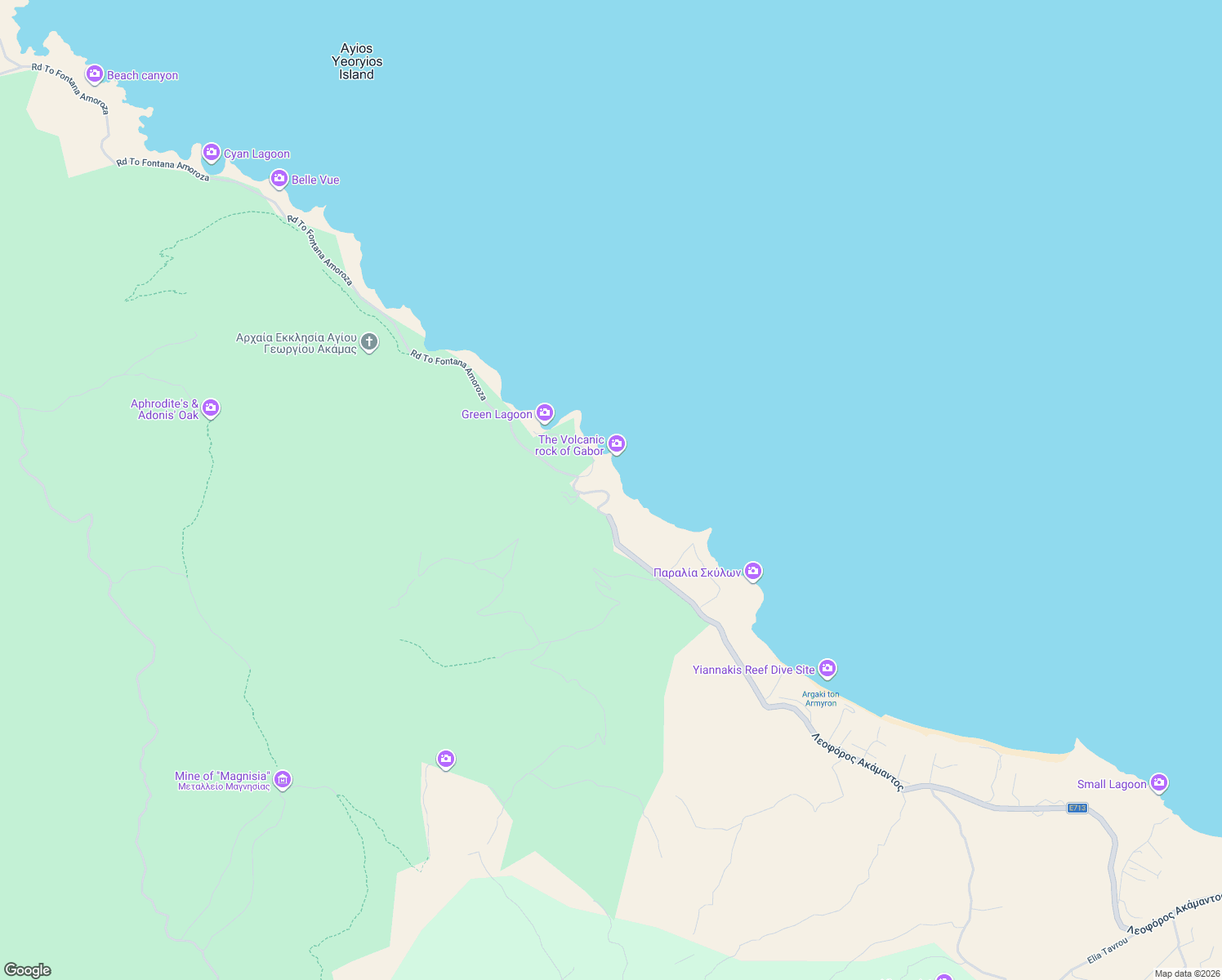 map of restaurants, bars, coffee shops, grocery stores, and more near Road To Fontana Amoroza in Neo Chorio