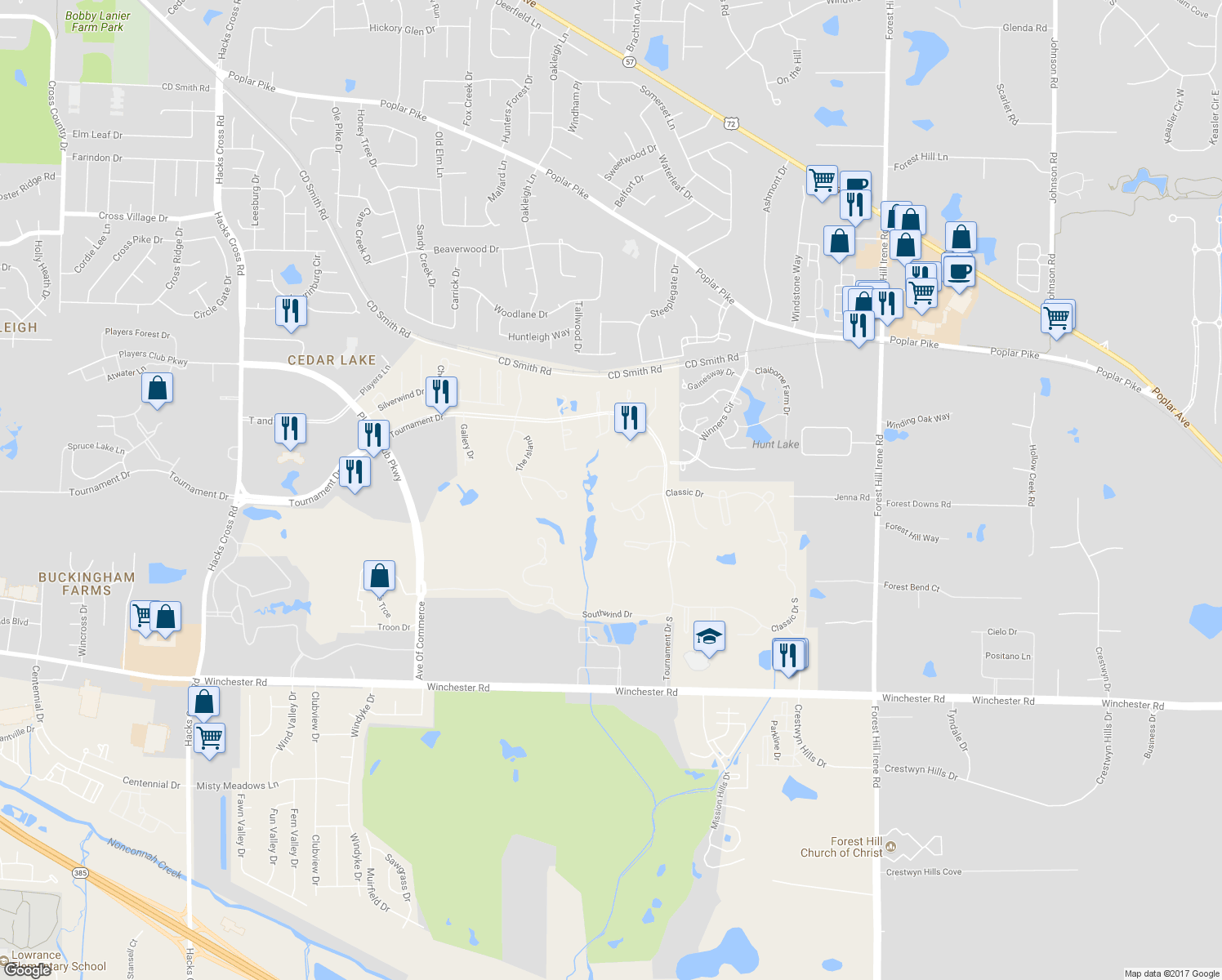 map of restaurants, bars, coffee shops, grocery stores, and more near 8672 Classic Drive in Memphis