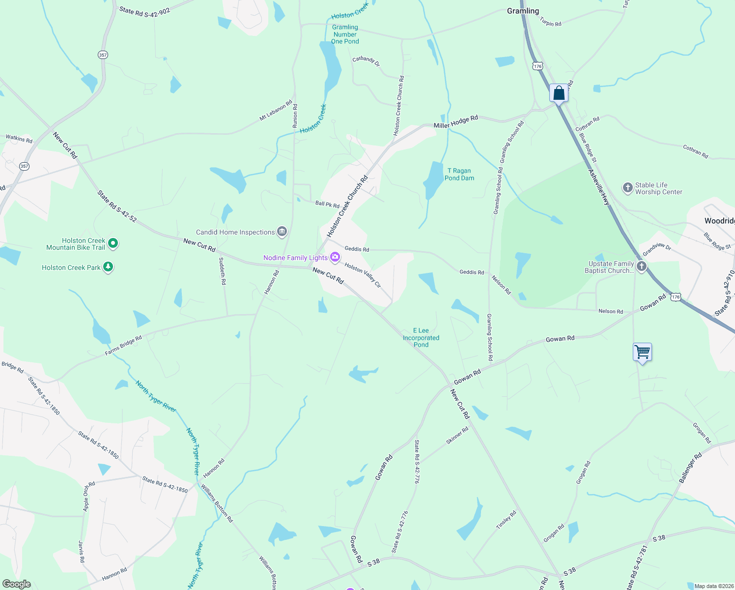 map of restaurants, bars, coffee shops, grocery stores, and more near 6670 New Cut Road in Inman