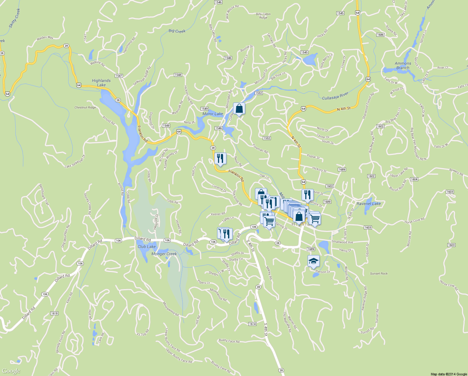 map of restaurants, bars, coffee shops, grocery stores, and more near 256 Holt Knob Rd in Highlands