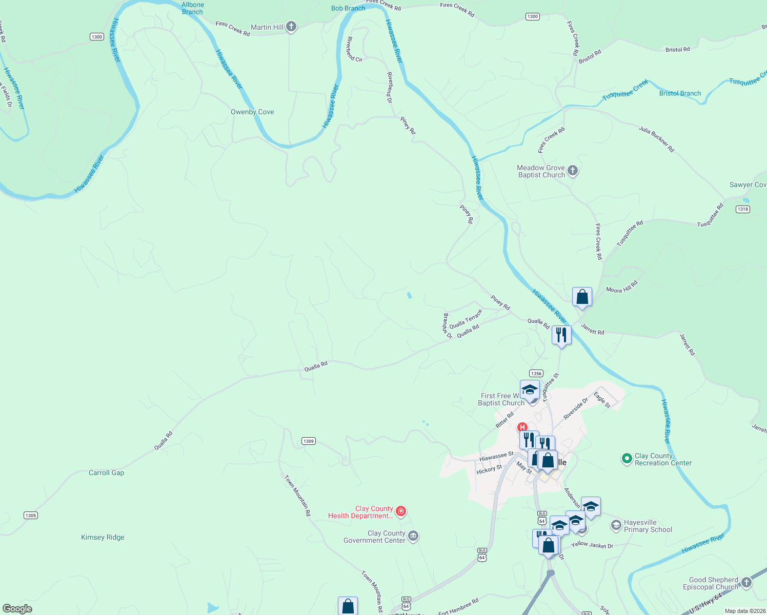 map of restaurants, bars, coffee shops, grocery stores, and more near 344 Old Dyer Drive in Hayesville