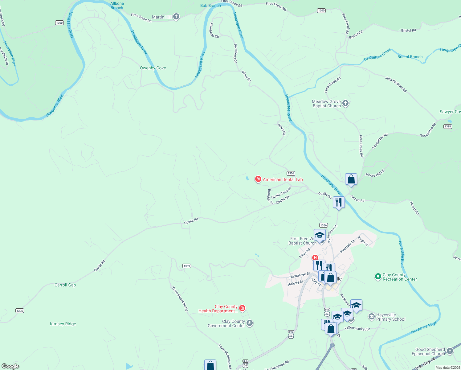 map of restaurants, bars, coffee shops, grocery stores, and more near 344 Old Dyer Drive in Hayesville