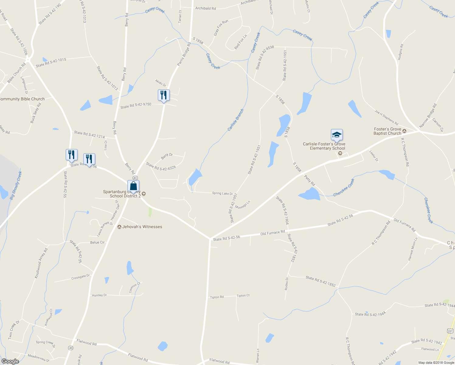 map of restaurants, bars, coffee shops, grocery stores, and more near 225 State Road S-42-1951 in Chesnee