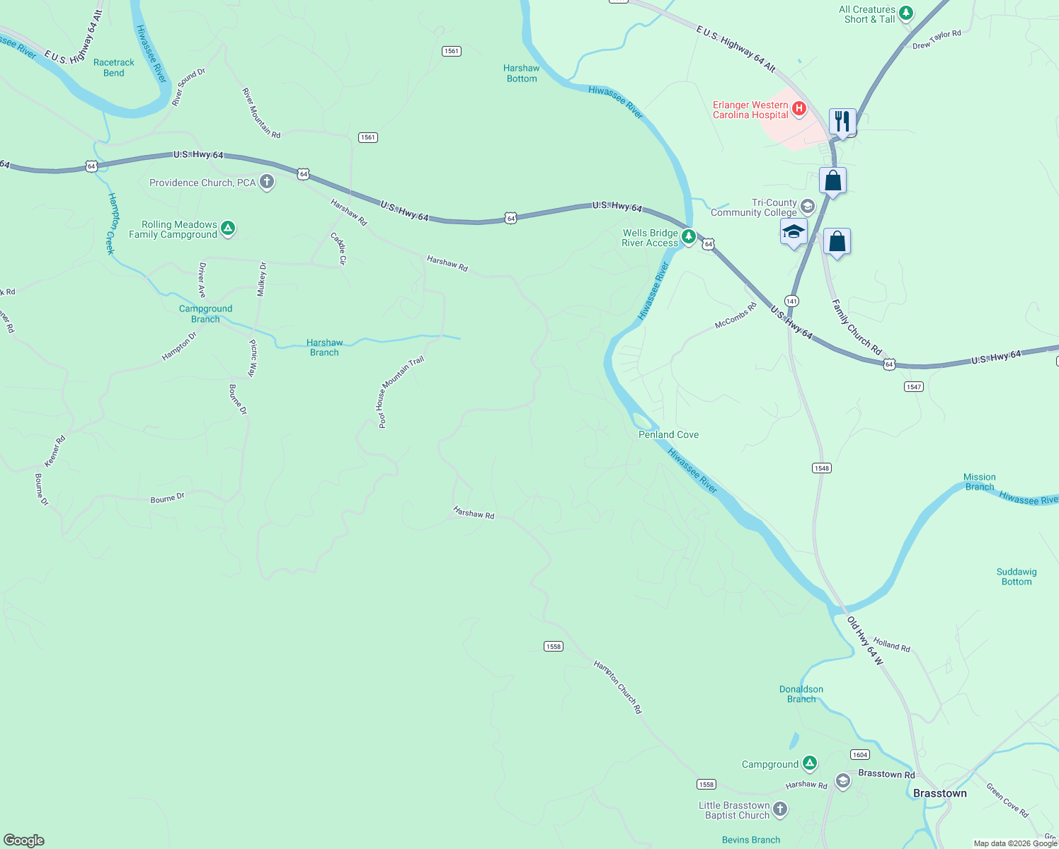 map of restaurants, bars, coffee shops, grocery stores, and more near 168 H And I Drive in Murphy