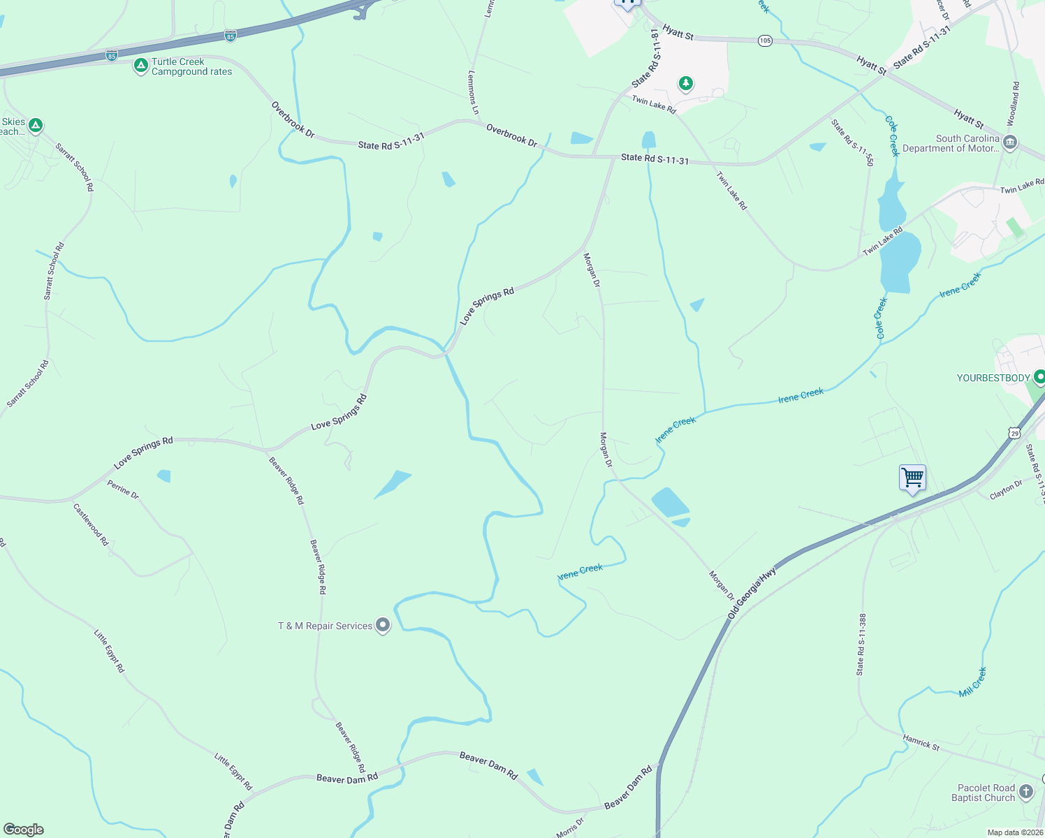 map of restaurants, bars, coffee shops, grocery stores, and more near 110 West Kings Ridge in Gaffney