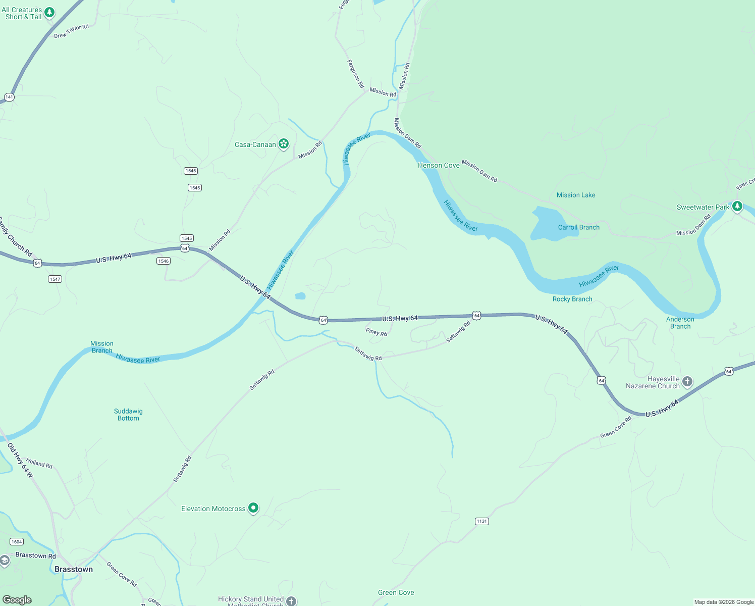 map of restaurants, bars, coffee shops, grocery stores, and more near 7426 U.S. 64 in Brasstown