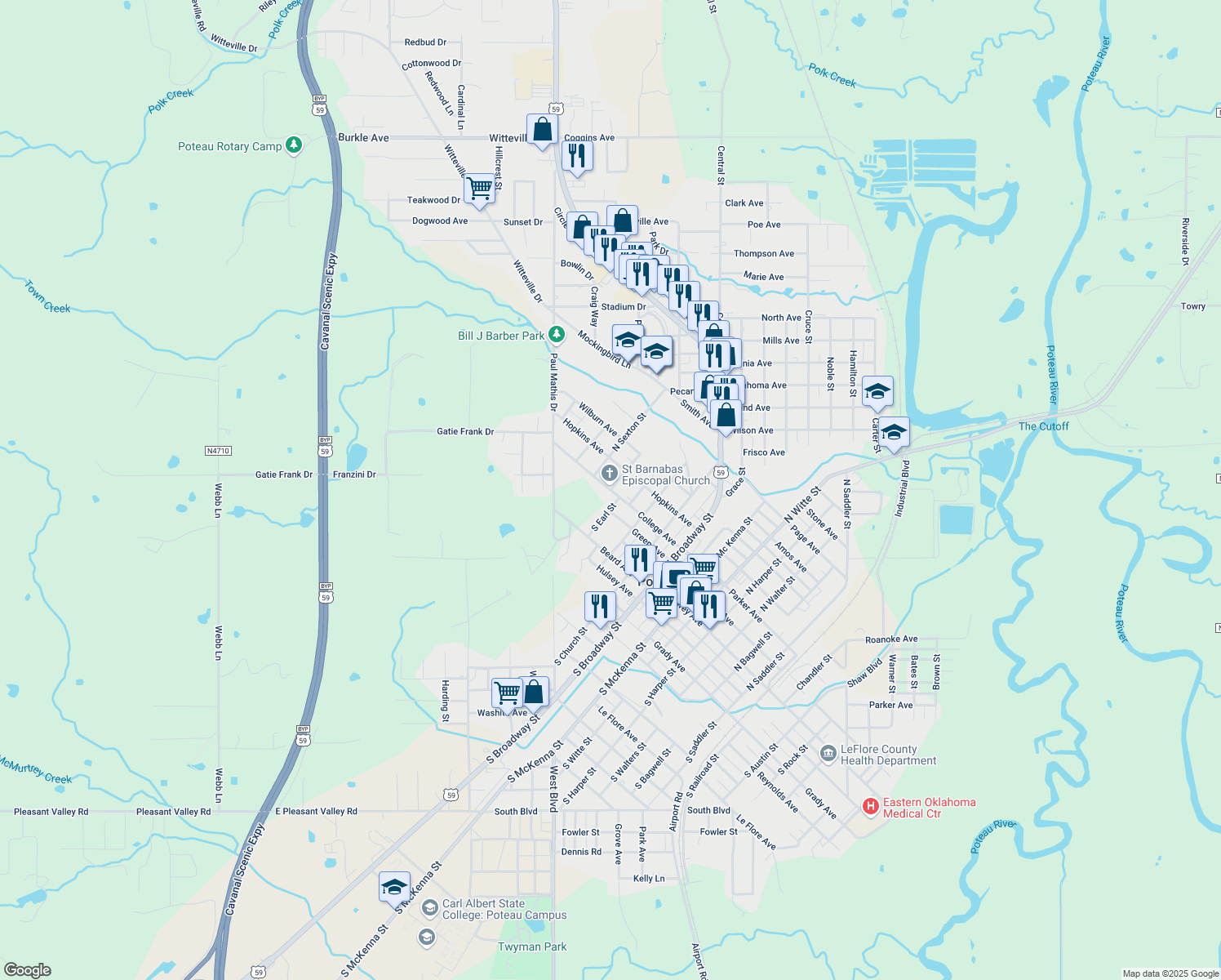 map of restaurants, bars, coffee shops, grocery stores, and more near 500 College Avenue in Poteau