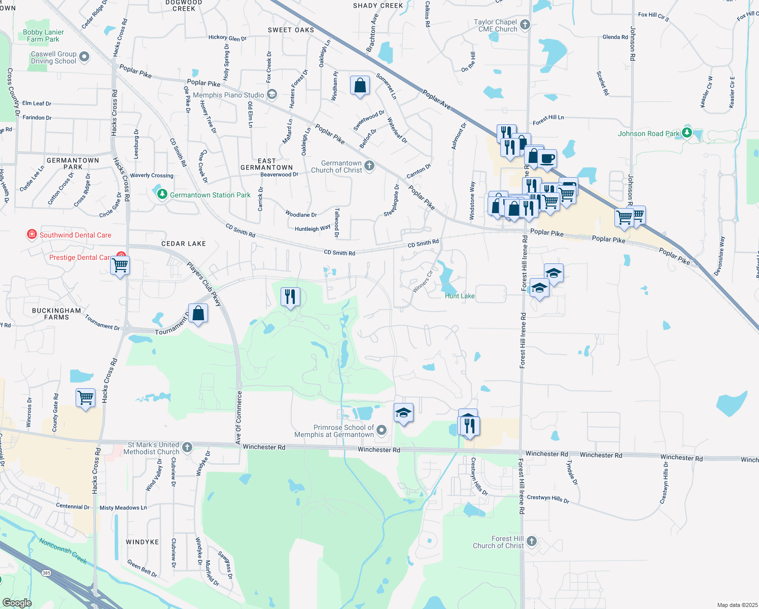 map of restaurants, bars, coffee shops, grocery stores, and more near 8726 Windrush in Memphis