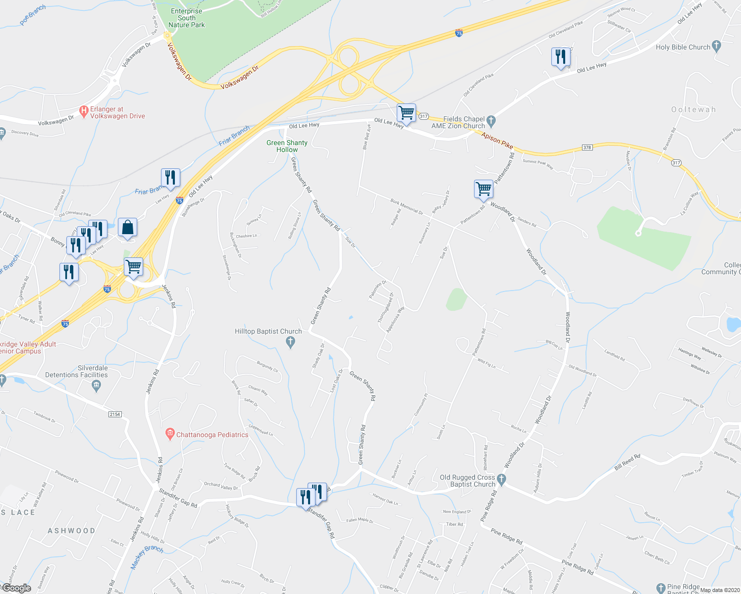 map of restaurants, bars, coffee shops, grocery stores, and more near 4460 Palomino Drive in Ooltewah