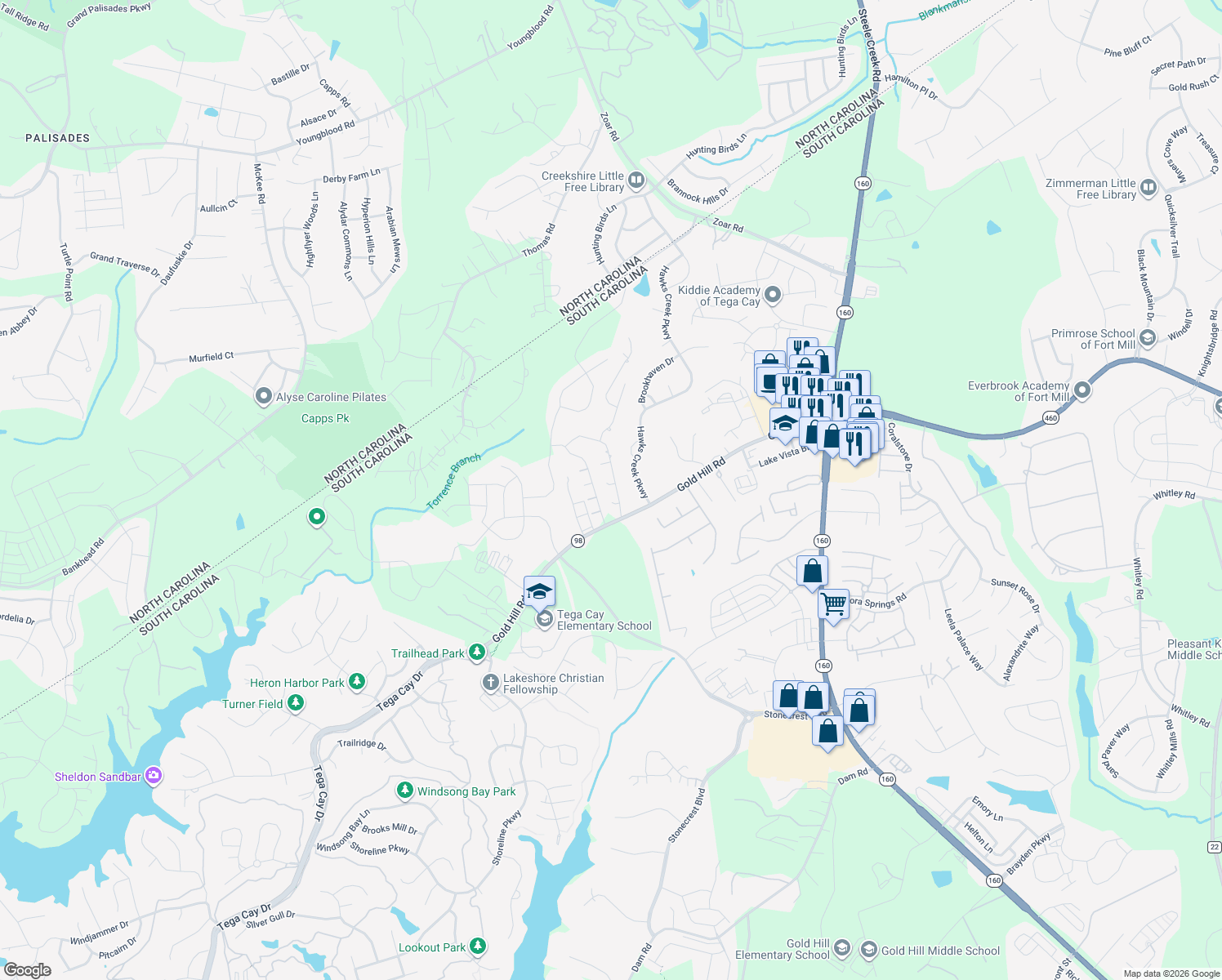 map of restaurants, bars, coffee shops, grocery stores, and more near 127 Zimmerman Drive in Fort Mill
