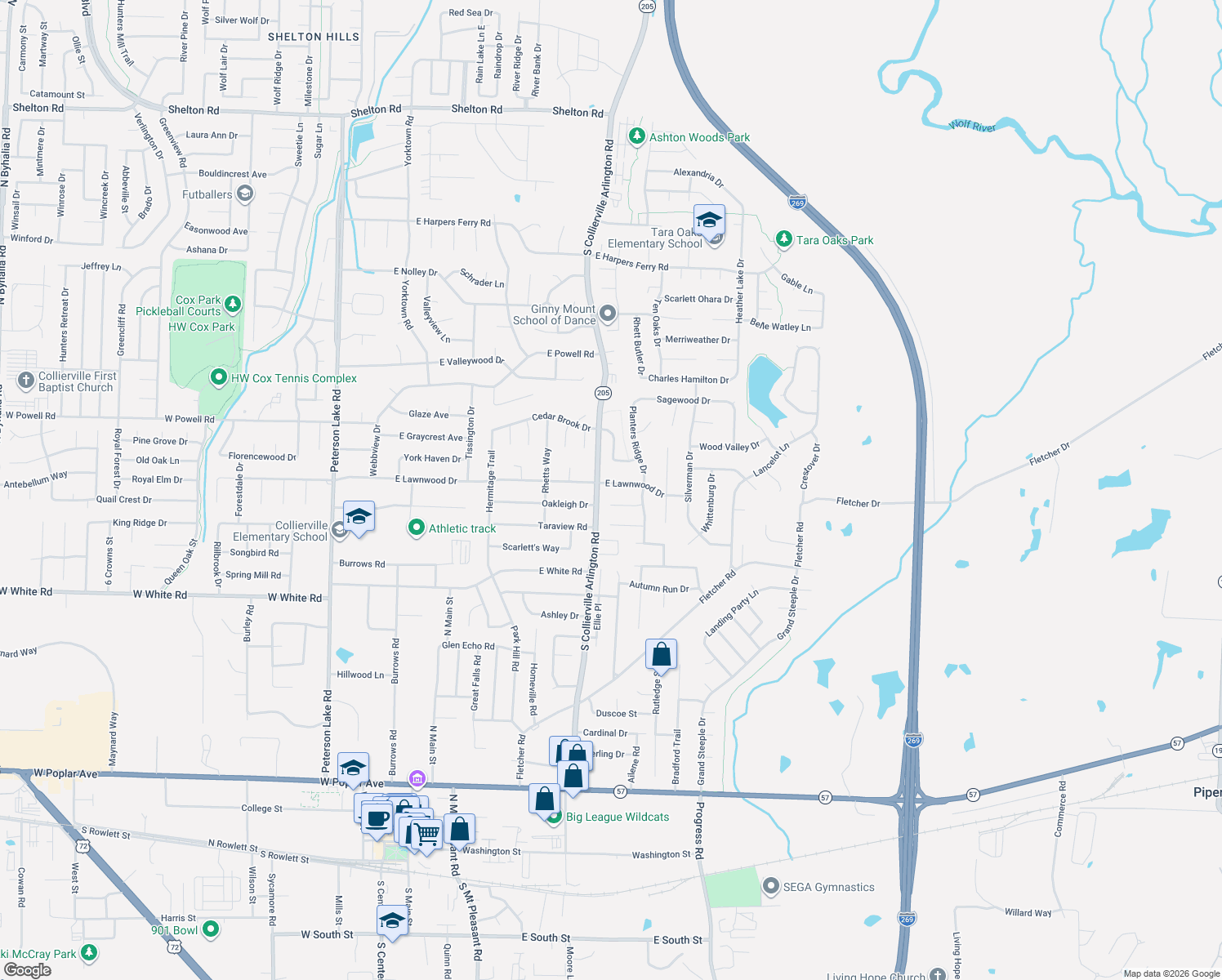 map of restaurants, bars, coffee shops, grocery stores, and more near 449 E Lawnwood Dr in Collierville