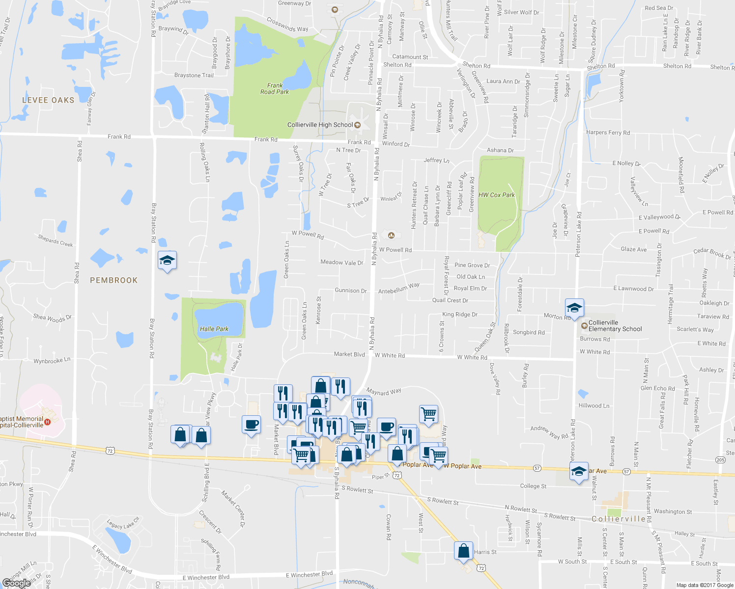 map of restaurants, bars, coffee shops, grocery stores, and more near 680 Glen Allan Cove in Collierville