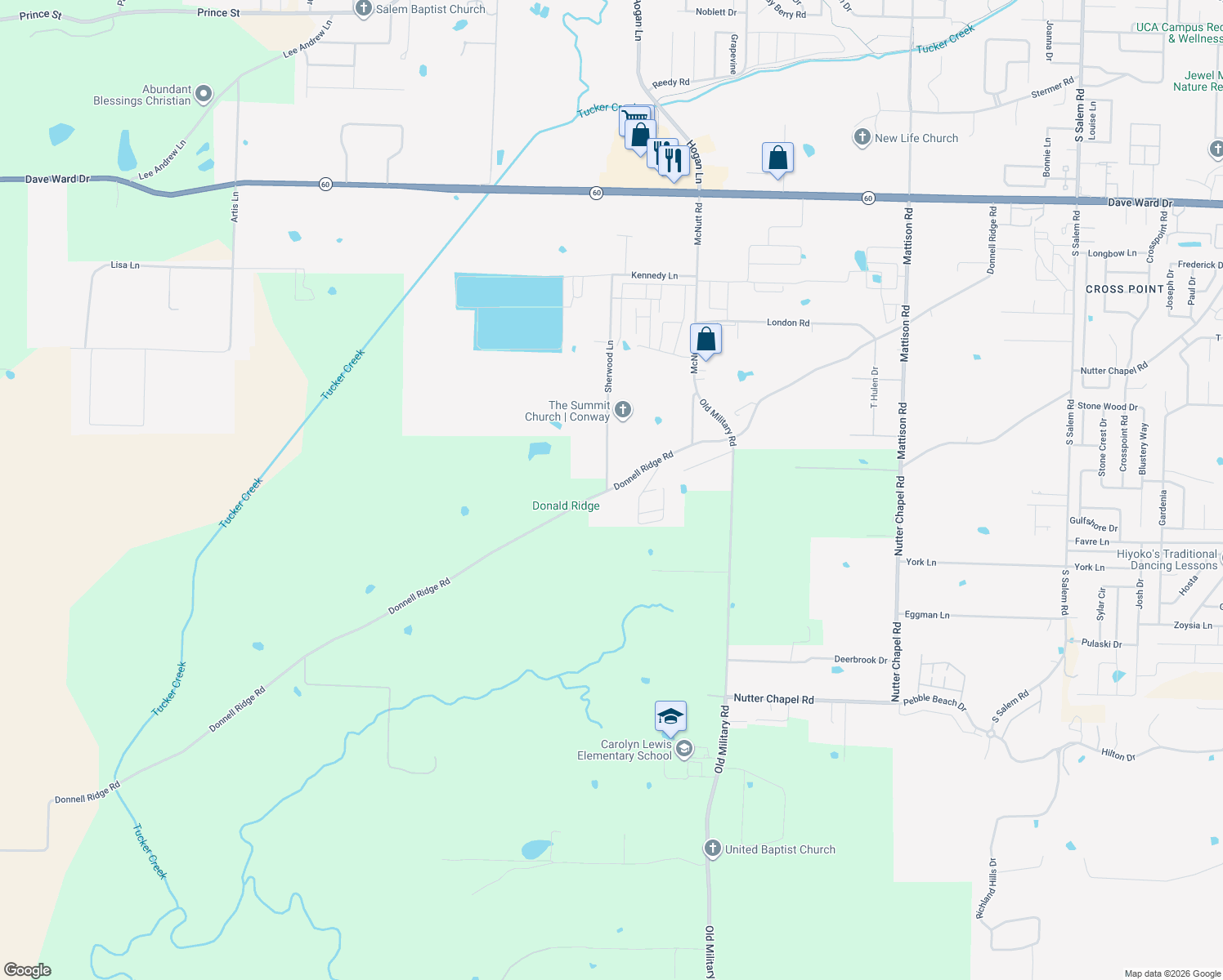 map of restaurants, bars, coffee shops, grocery stores, and more near 3999 Donnell Ridge Rd in Conway