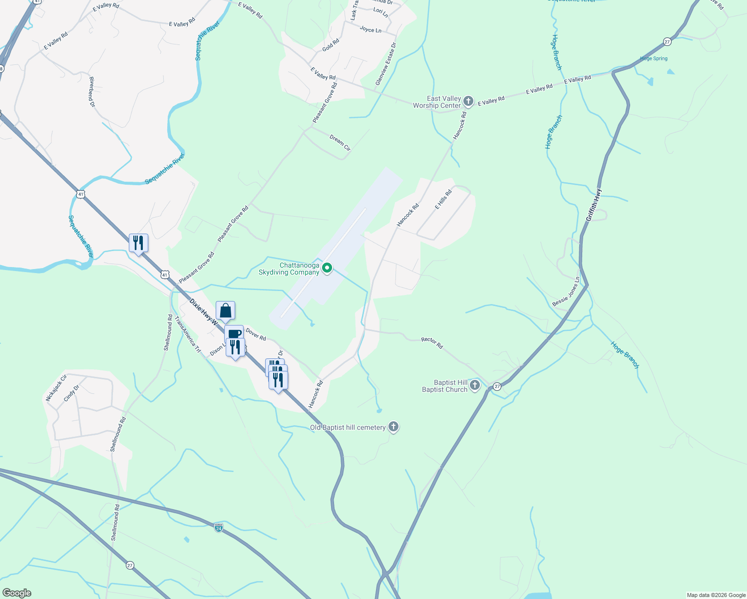 map of restaurants, bars, coffee shops, grocery stores, and more near 760 Hancock Road in Jasper