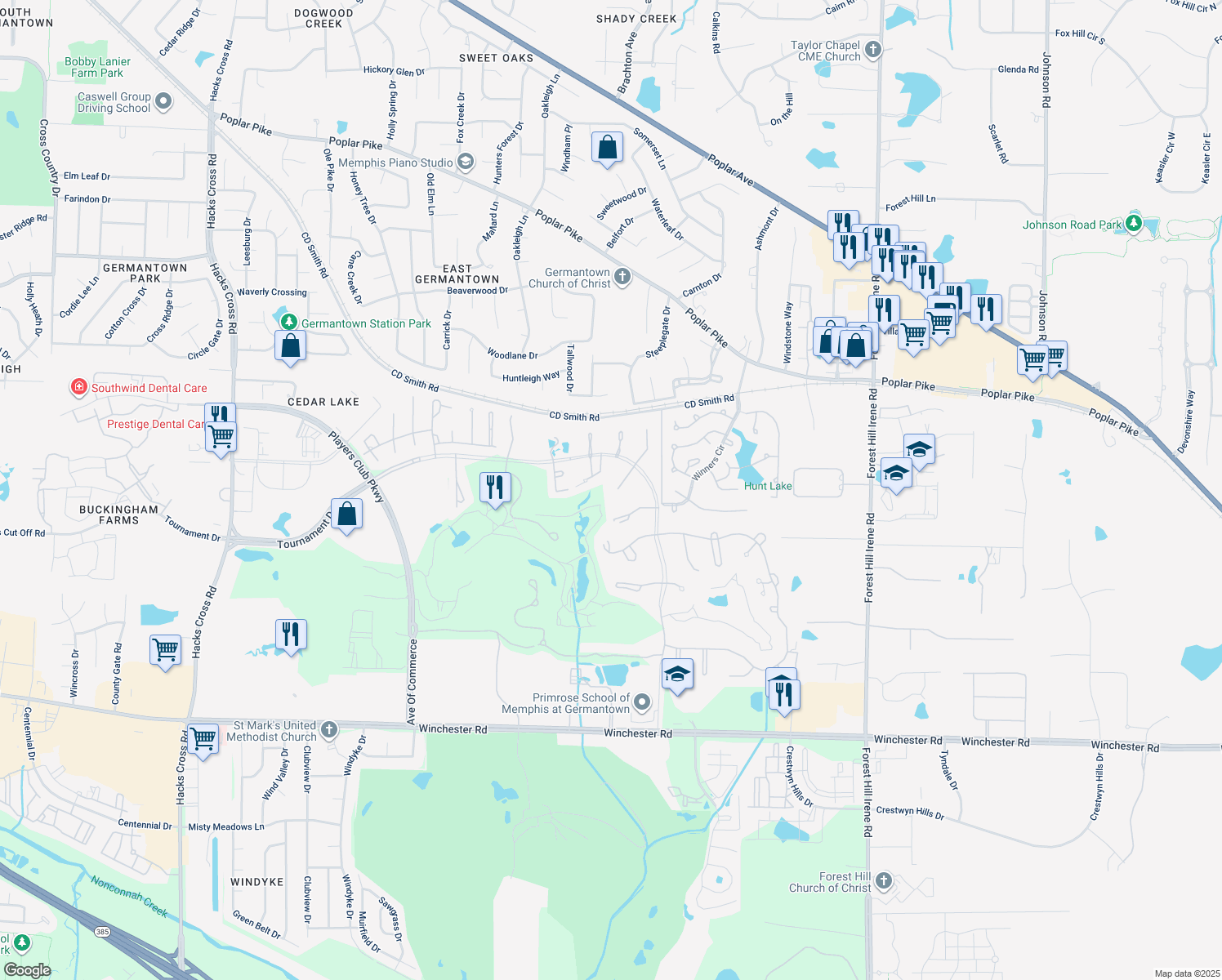 map of restaurants, bars, coffee shops, grocery stores, and more near 3333 Clubhill Drive in Memphis