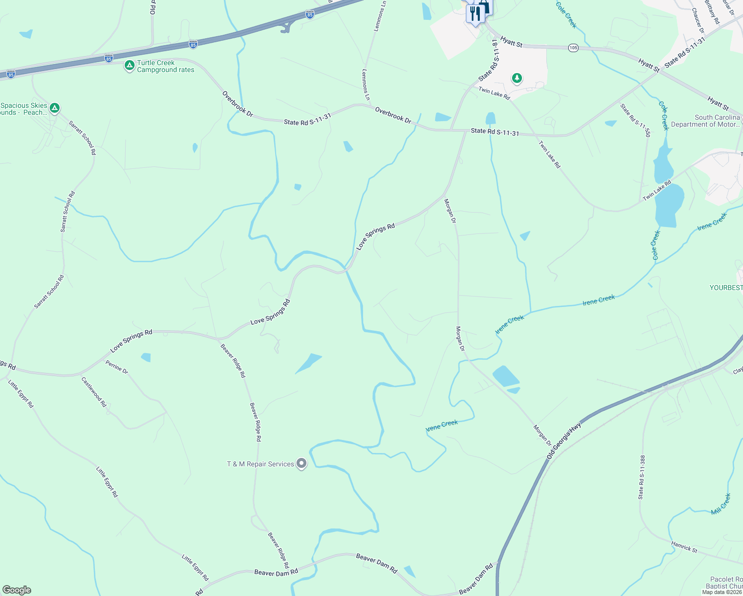 map of restaurants, bars, coffee shops, grocery stores, and more near 14 East Kings Ridge in Gaffney