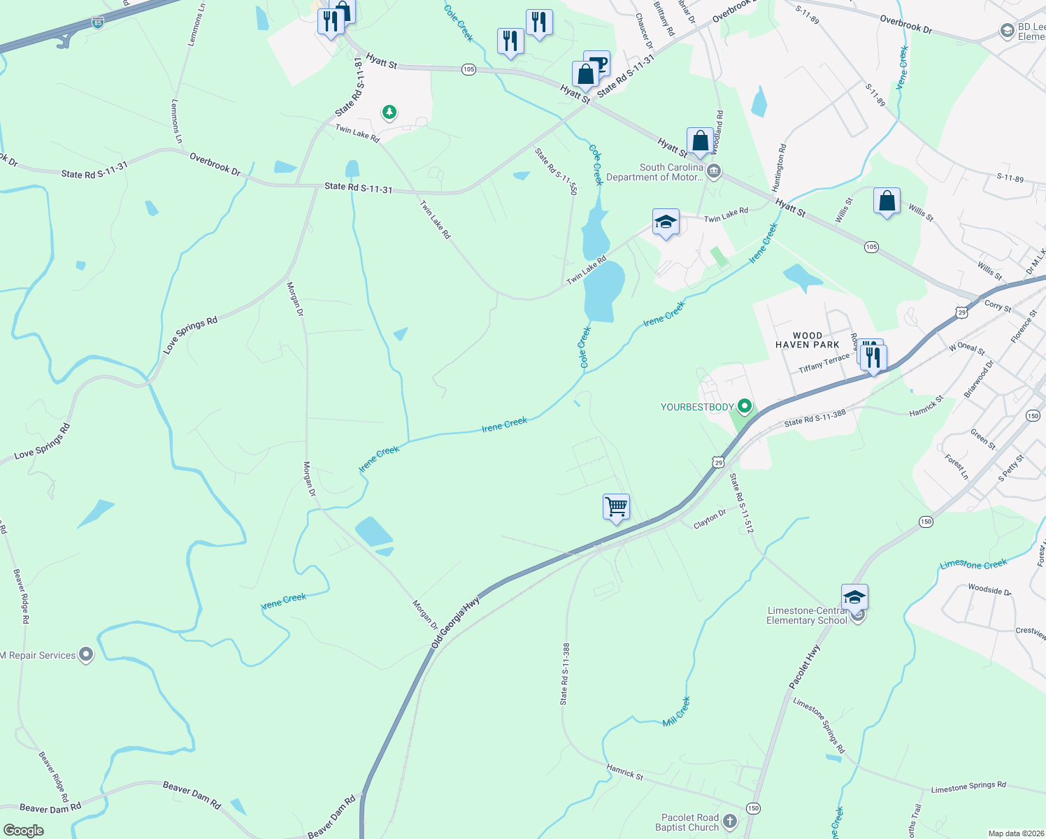 map of restaurants, bars, coffee shops, grocery stores, and more near 2 Twin Lake Road in Gaffney
