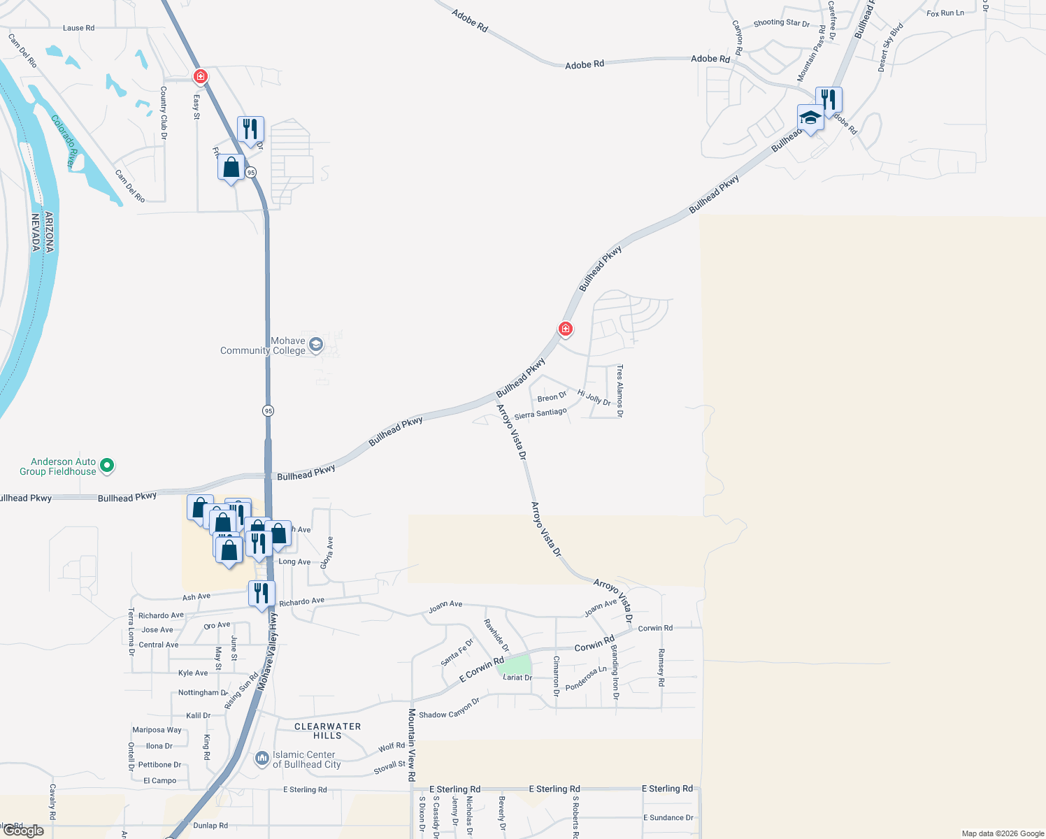 map of restaurants, bars, coffee shops, grocery stores, and more near 3483 Beale Street in Bullhead City
