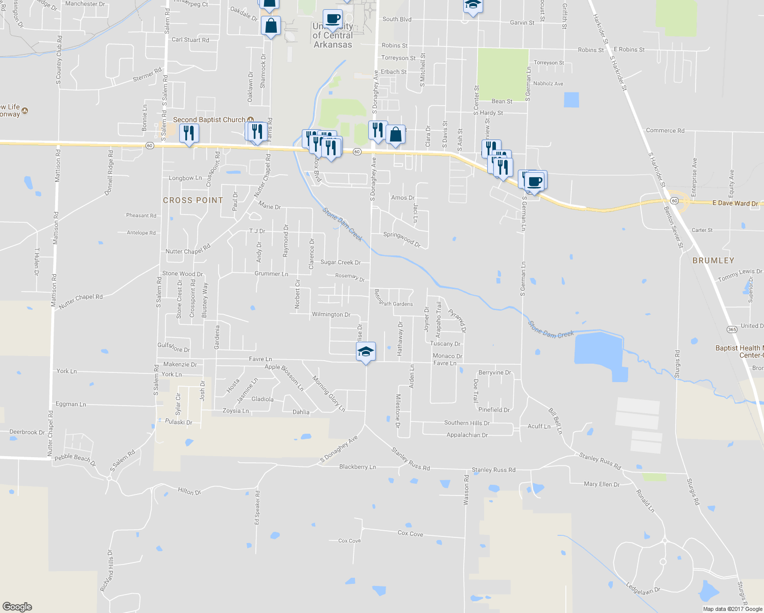 map of restaurants, bars, coffee shops, grocery stores, and more near 2035 Bellingrath Gardens in Conway