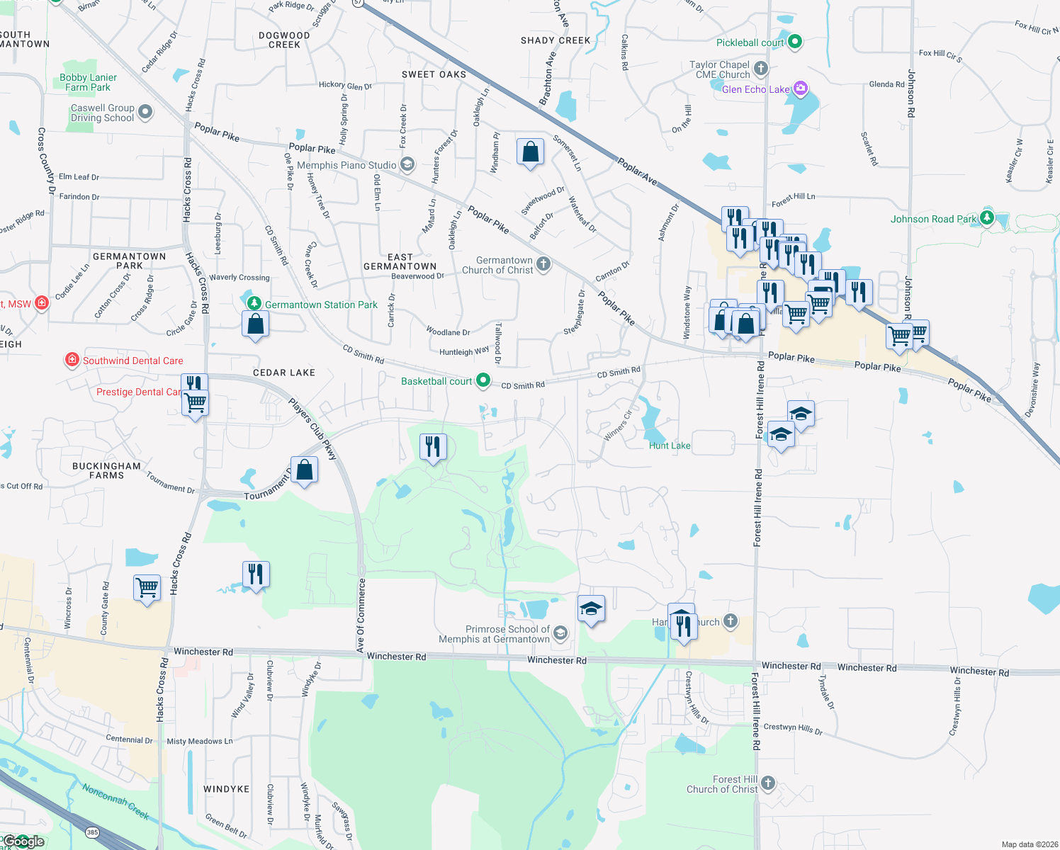 map of restaurants, bars, coffee shops, grocery stores, and more near 8671 Tournament Drive in Memphis