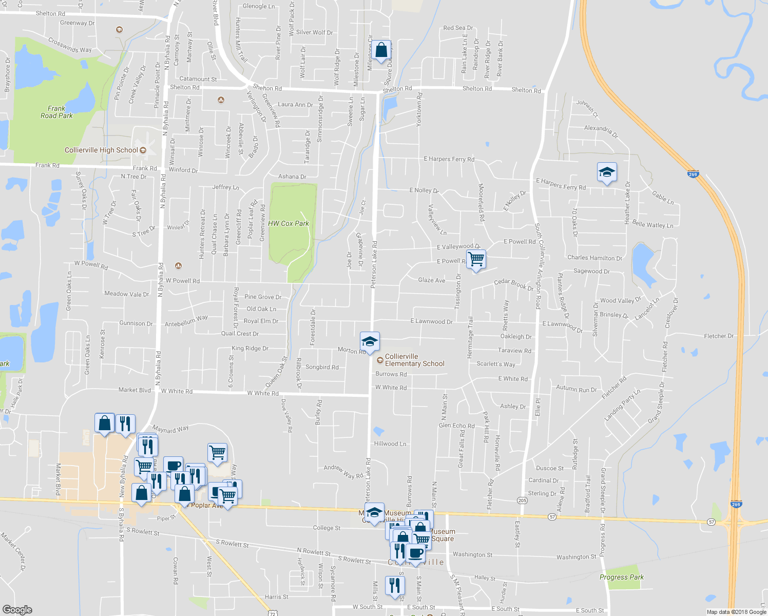 map of restaurants, bars, coffee shops, grocery stores, and more near 155 Bancroft Avenue in Collierville
