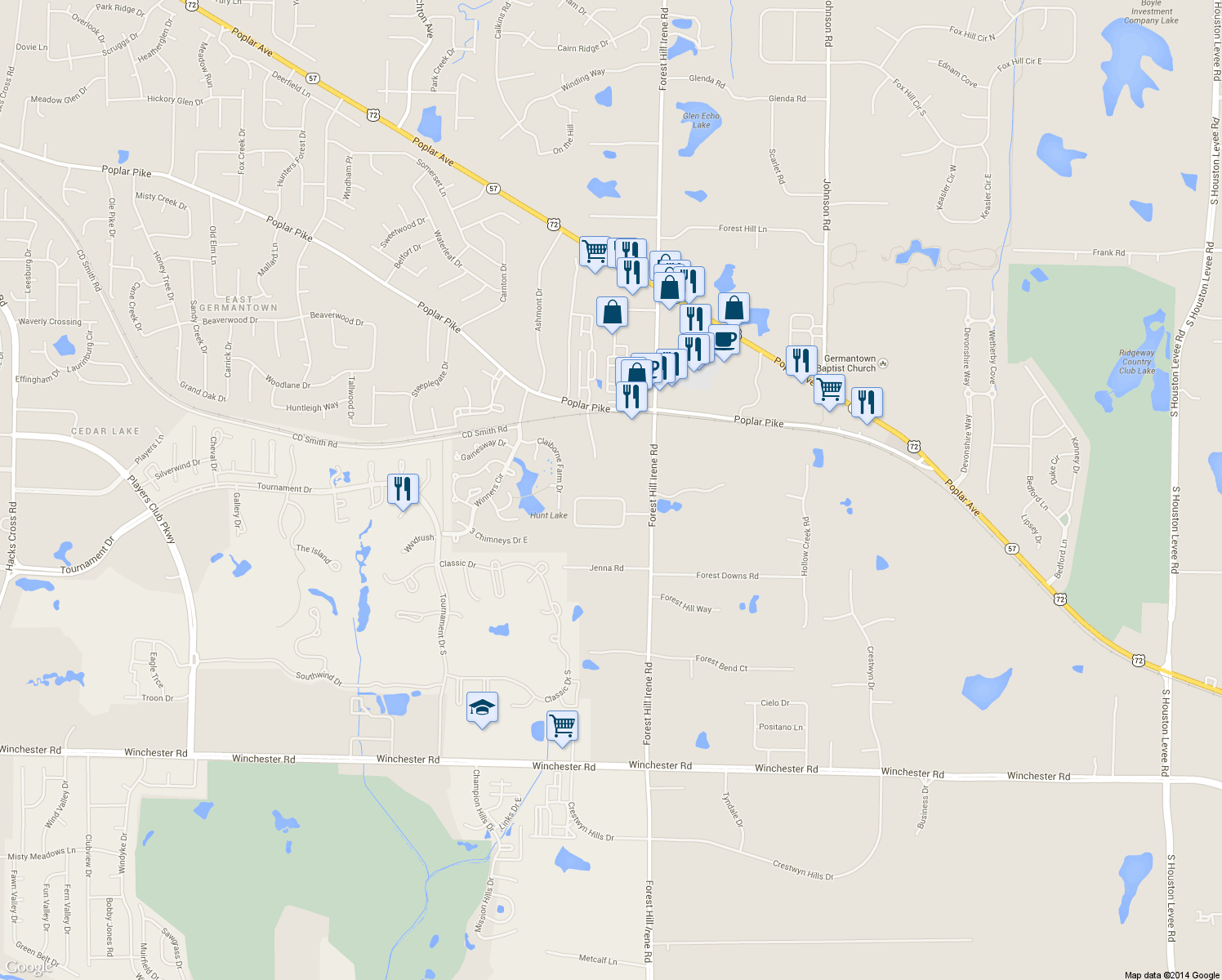map of restaurants, bars, coffee shops, grocery stores, and more near 9024 North Hollybrook Lane in Memphis