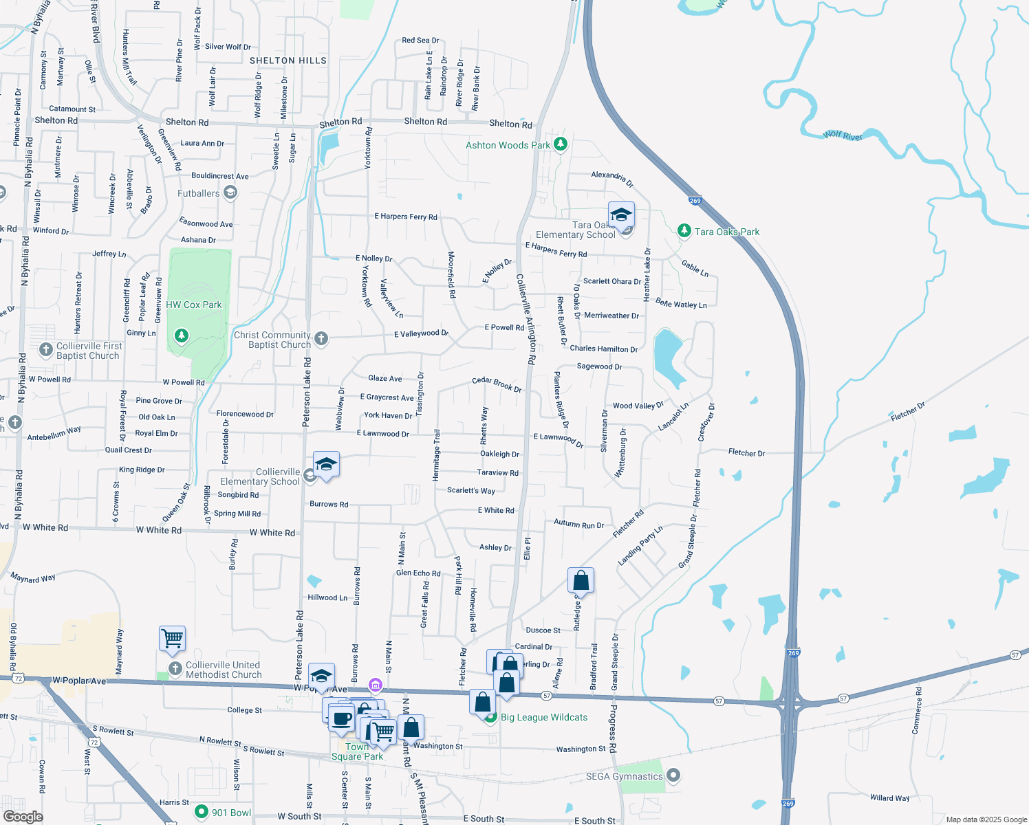 map of restaurants, bars, coffee shops, grocery stores, and more near 745 James Cove in Collierville