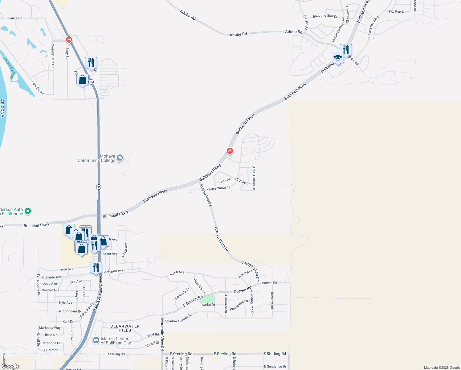 map of restaurants, bars, coffee shops, grocery stores, and more near 2200-2202 Sierra Santiago in Bullhead City