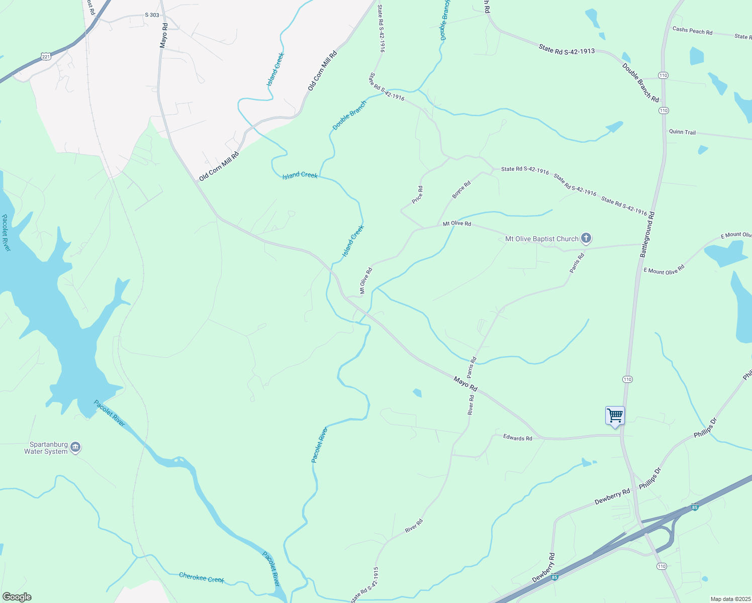 map of restaurants, bars, coffee shops, grocery stores, and more near 1381 Mayo Road in Cowpens