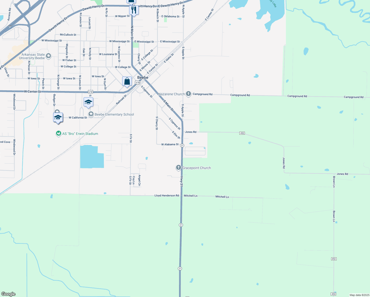 map of restaurants, bars, coffee shops, grocery stores, and more near 148 Clinton Circle in Beebe