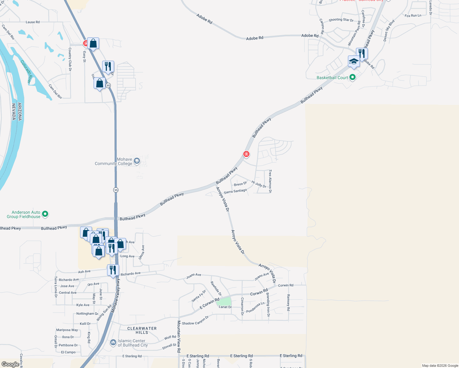 map of restaurants, bars, coffee shops, grocery stores, and more near 2151 Hijolly Drive in Bullhead City