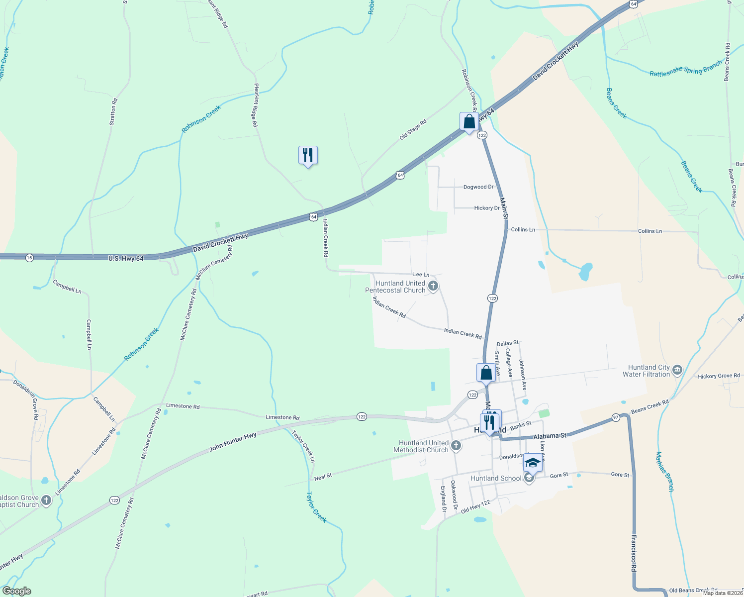 map of restaurants, bars, coffee shops, grocery stores, and more near 589 Indian Creek Rd in Huntland