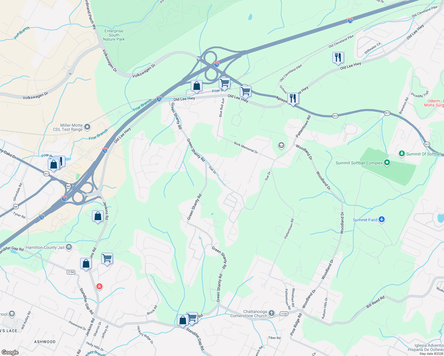 map of restaurants, bars, coffee shops, grocery stores, and more near 7931 Sue Drive in Ooltewah