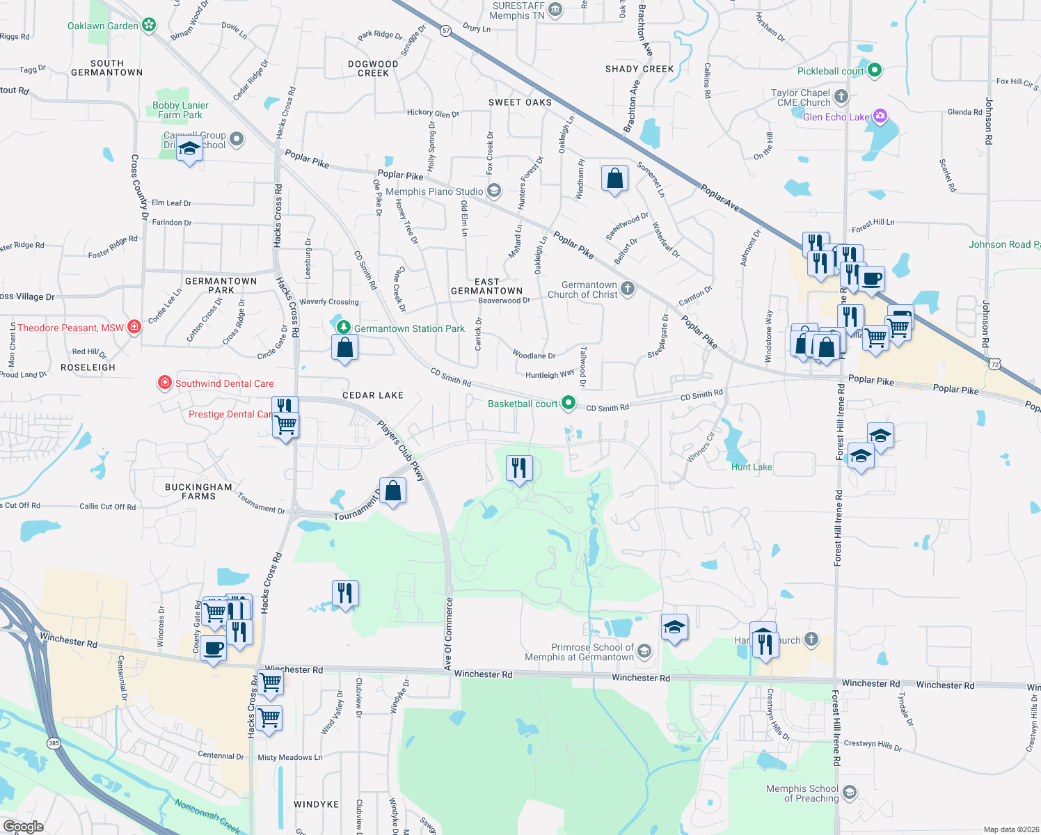 map of restaurants, bars, coffee shops, grocery stores, and more near 3228 South Silverwind Cove in Memphis