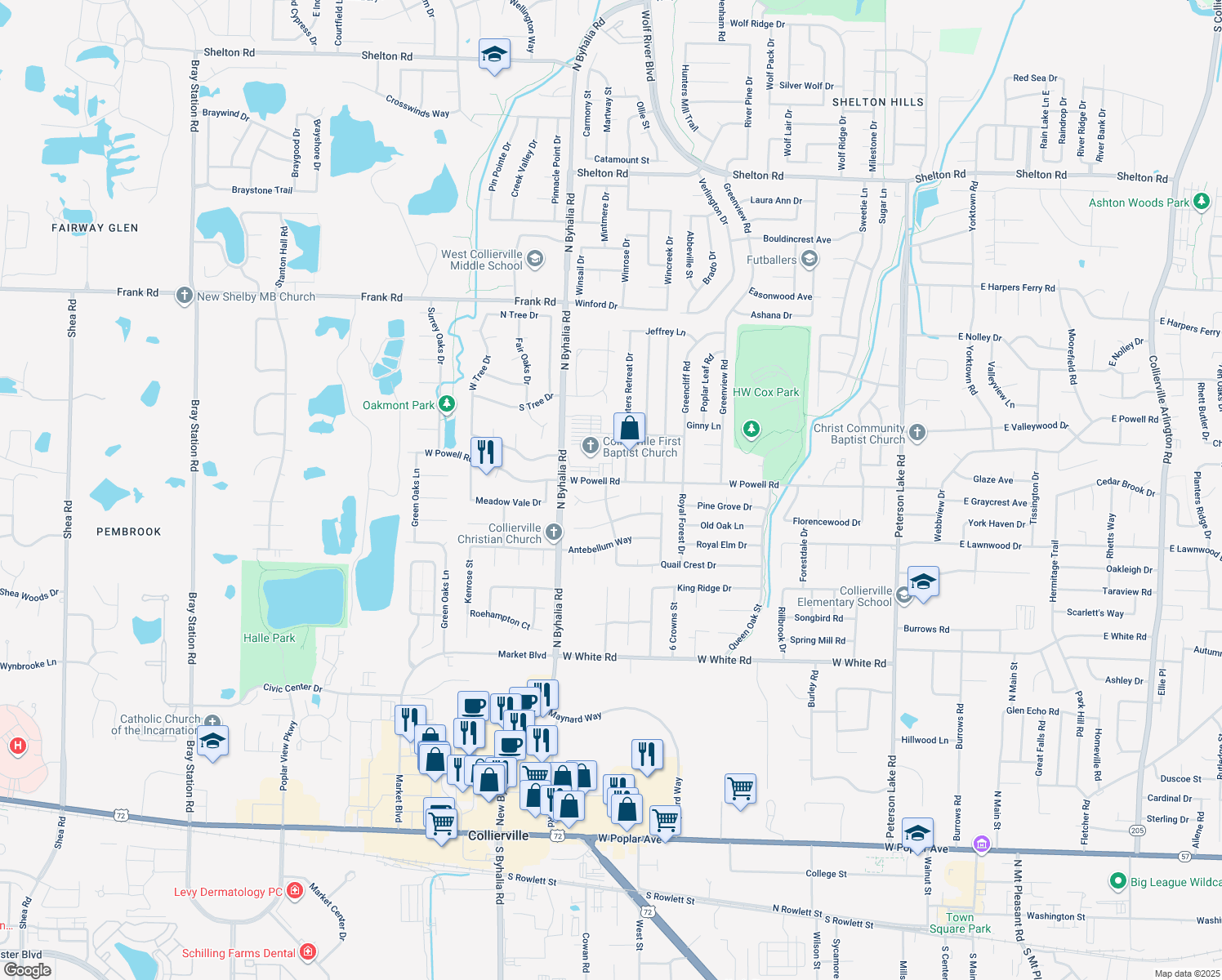 map of restaurants, bars, coffee shops, grocery stores, and more near 638 Port Natchez Cove East in Collierville
