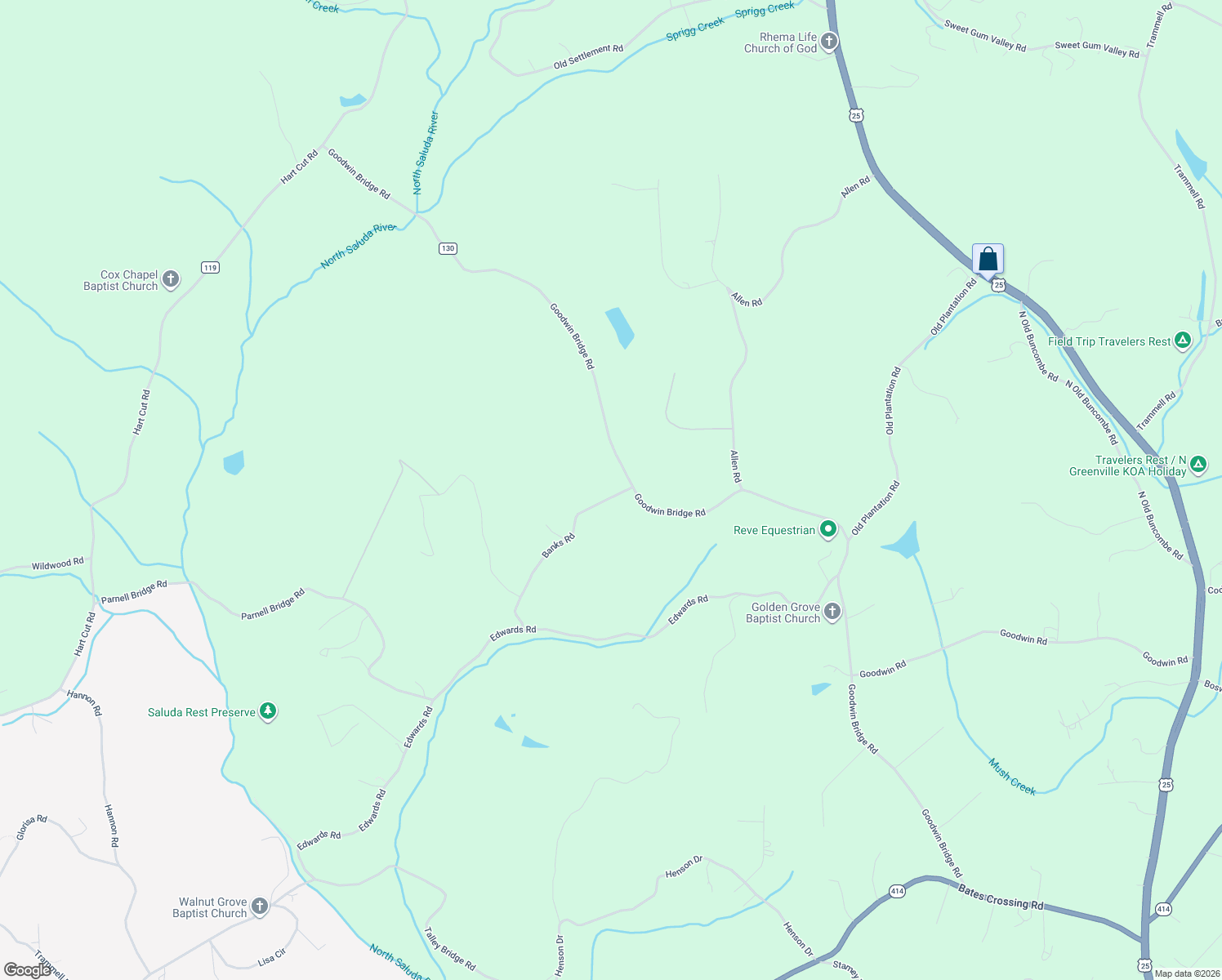 map of restaurants, bars, coffee shops, grocery stores, and more near 885 Goodwin Bridge Road in Travelers Rest