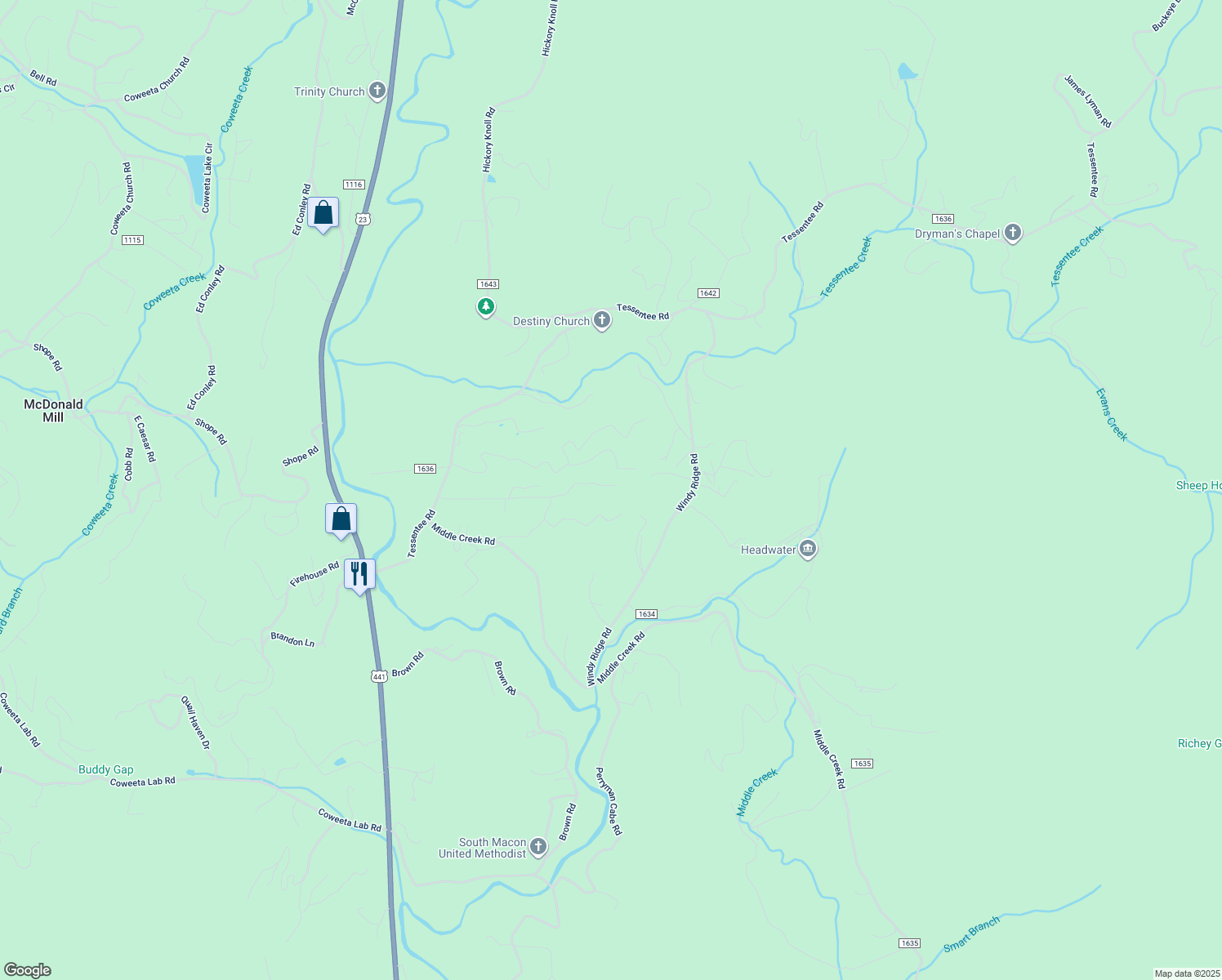 map of restaurants, bars, coffee shops, grocery stores, and more near Deer Ridge Road in Otto