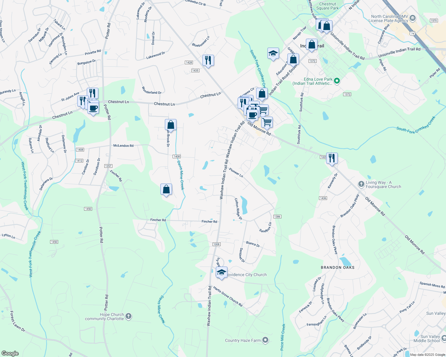 map of restaurants, bars, coffee shops, grocery stores, and more near 1716 Waxhaw Indian Trail Road in Indian Trail