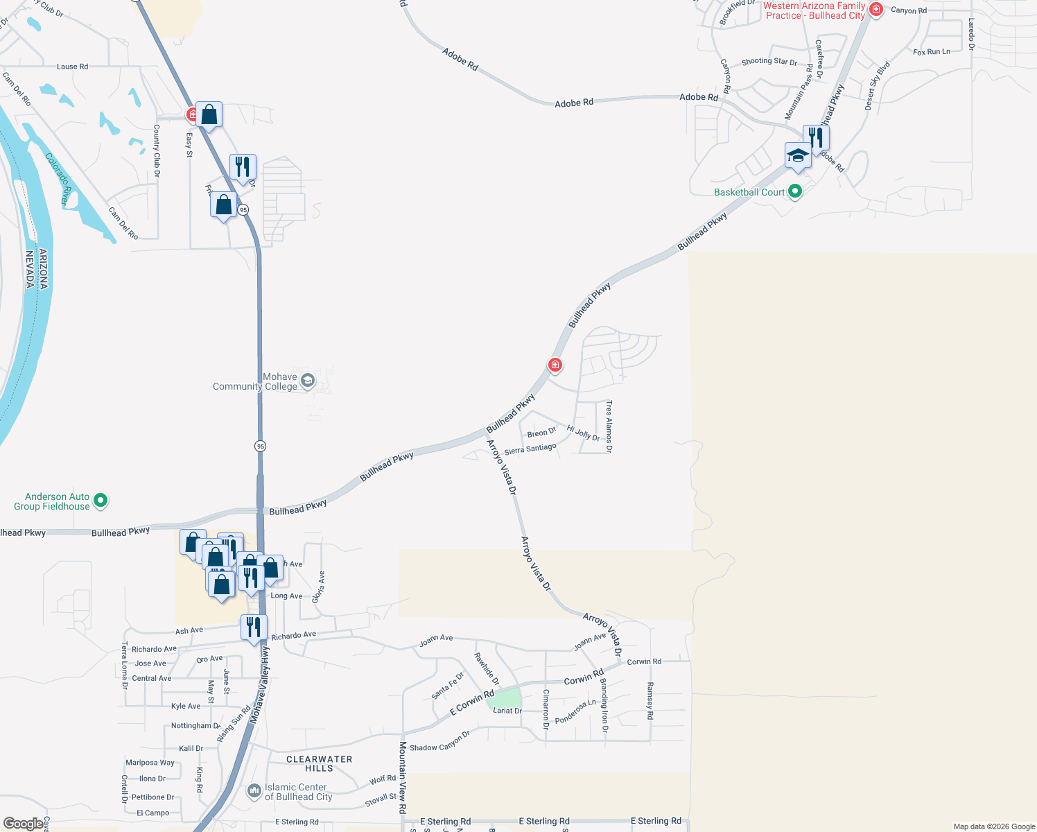 map of restaurants, bars, coffee shops, grocery stores, and more near 2151 Hijolly Drive in Bullhead City
