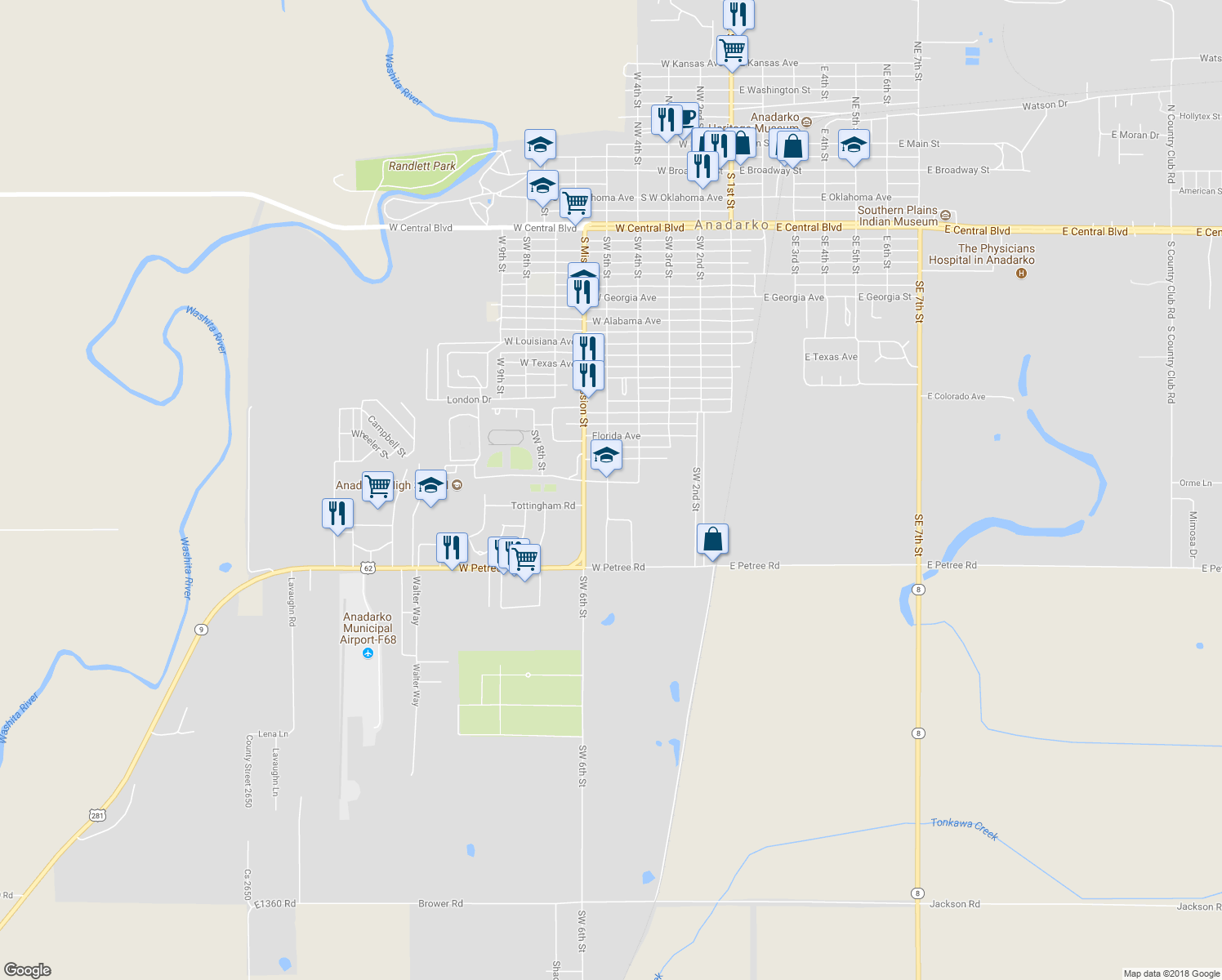 map of restaurants, bars, coffee shops, grocery stores, and more near 1522 Southwest 5th Street in Anadarko